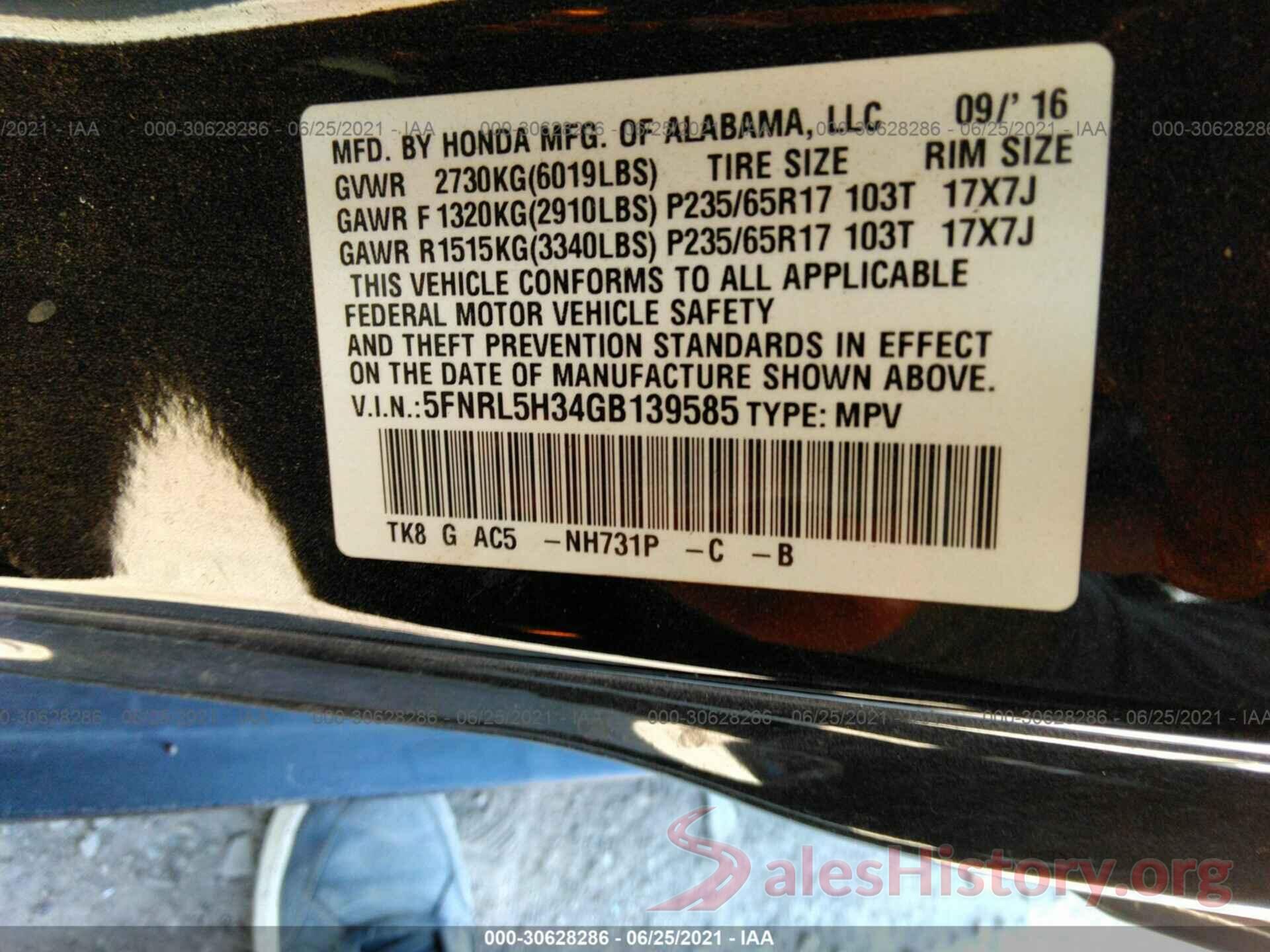 5FNRL5H34GB139585 2016 HONDA ODYSSEY