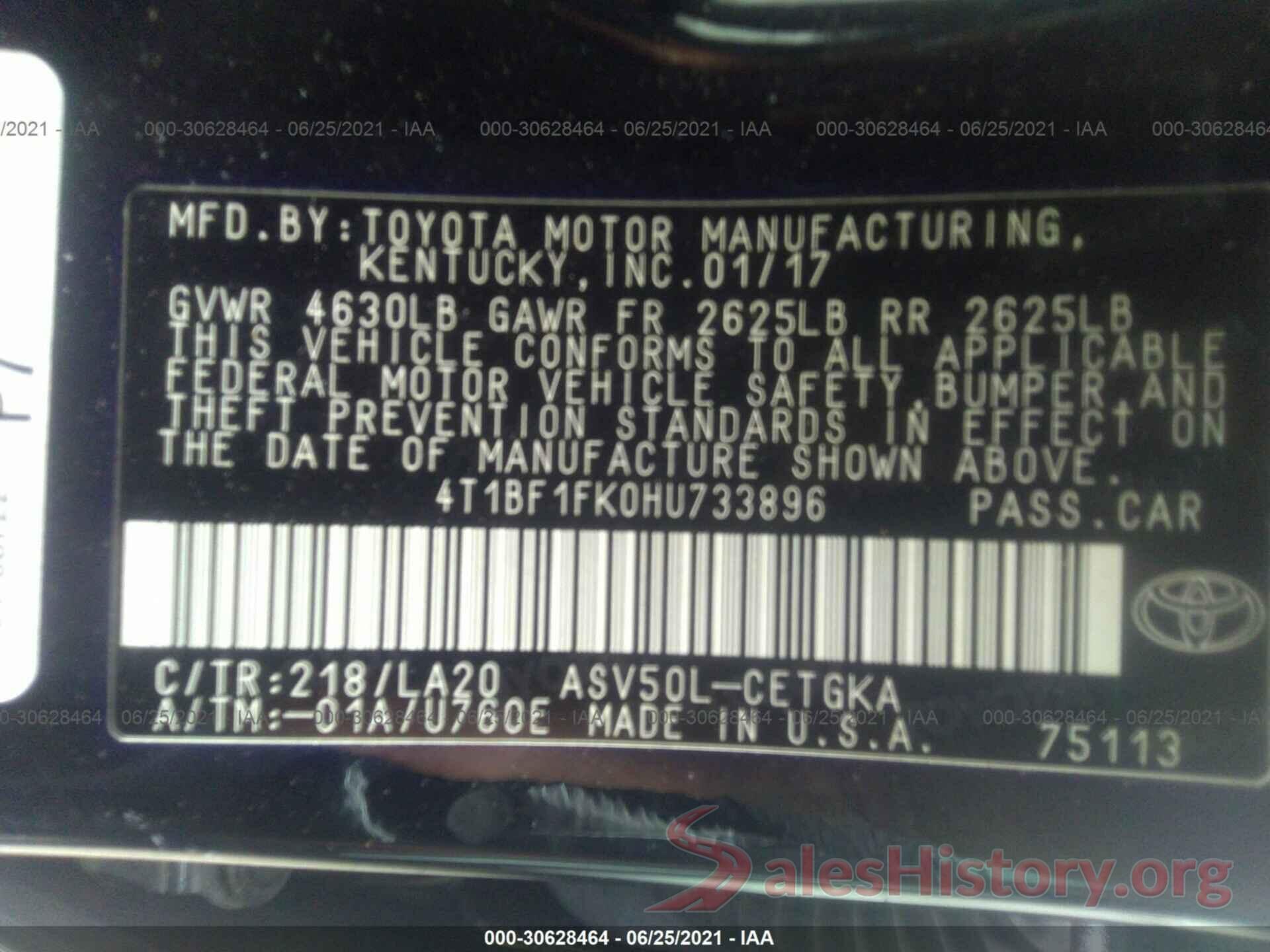 4T1BF1FK0HU733896 2017 TOYOTA CAMRY