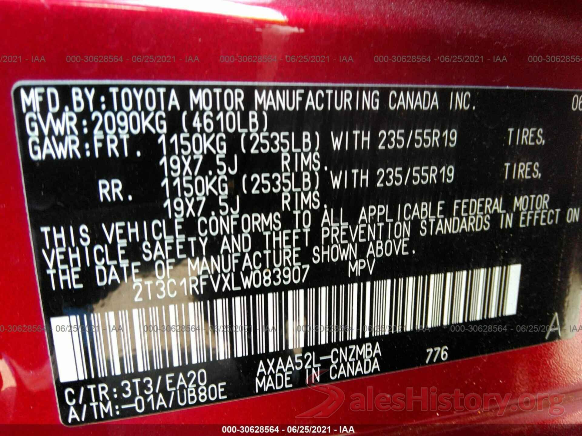 2T3C1RFVXLW083907 2020 TOYOTA RAV4