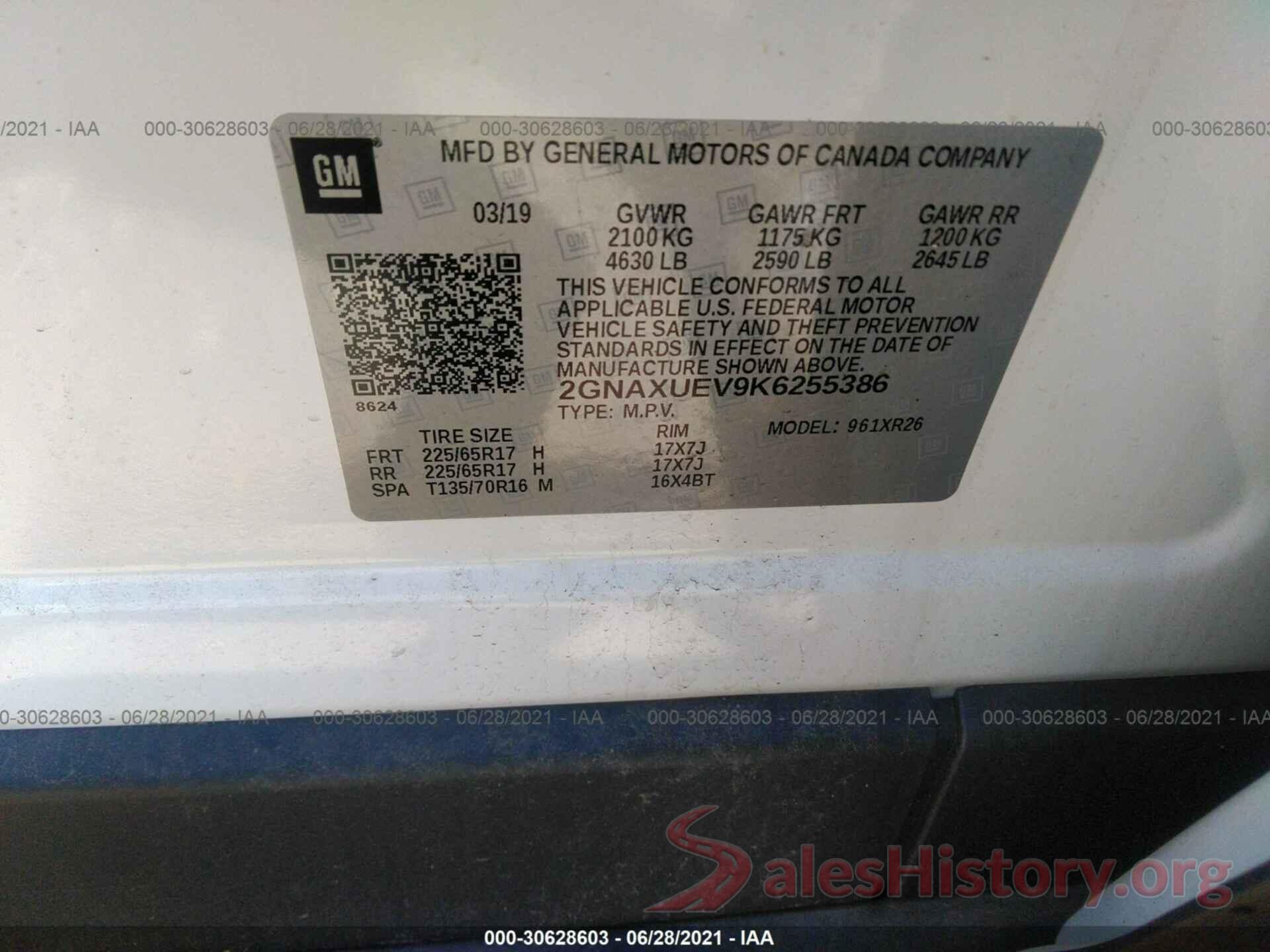 2GNAXUEV9K6255386 2019 CHEVROLET EQUINOX