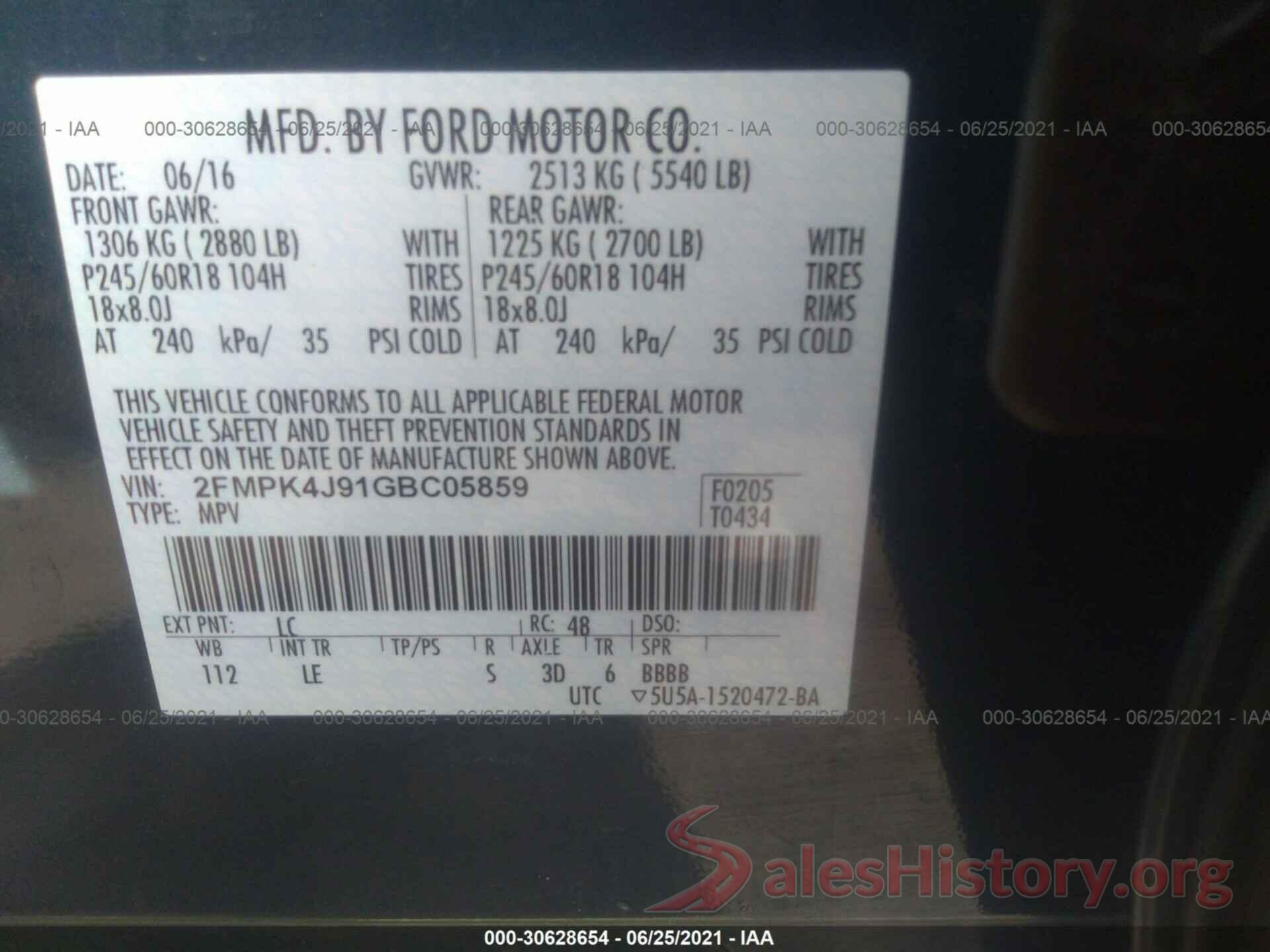 2FMPK4J91GBC05859 2016 FORD EDGE