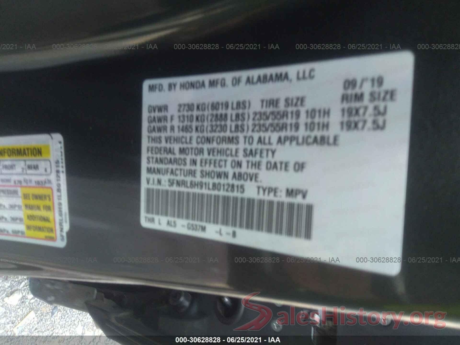 5FNRL6H91LB012815 2020 HONDA ODYSSEY