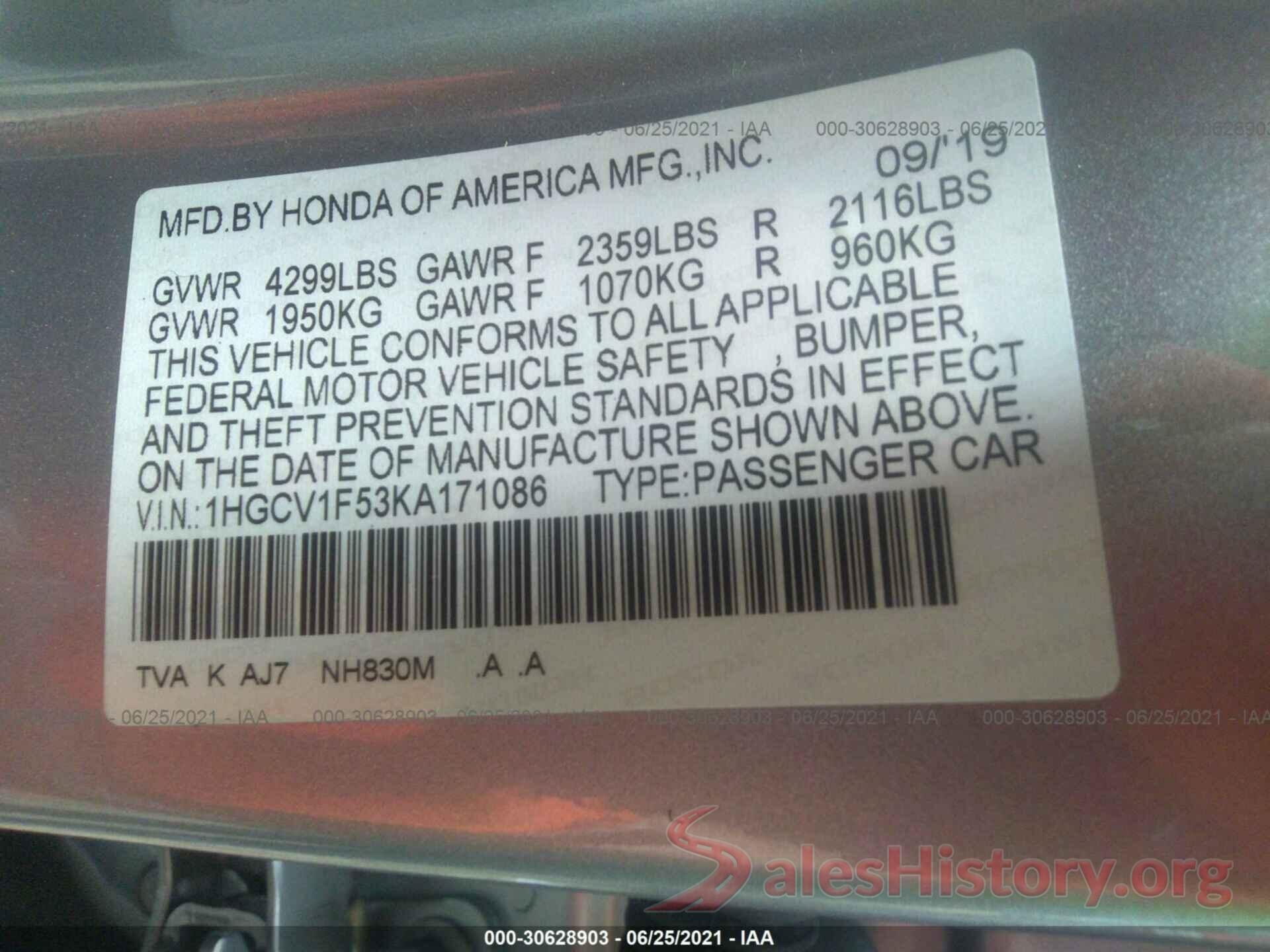 1HGCV1F53KA171086 2019 HONDA ACCORD SEDAN