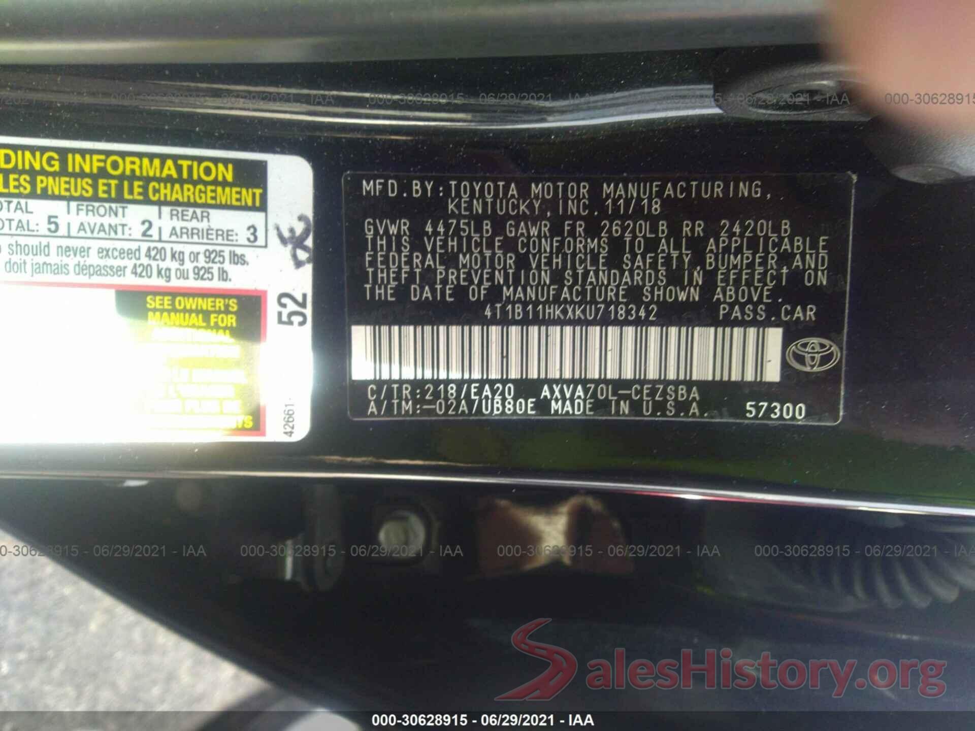 4T1B11HKXKU718342 2019 TOYOTA CAMRY