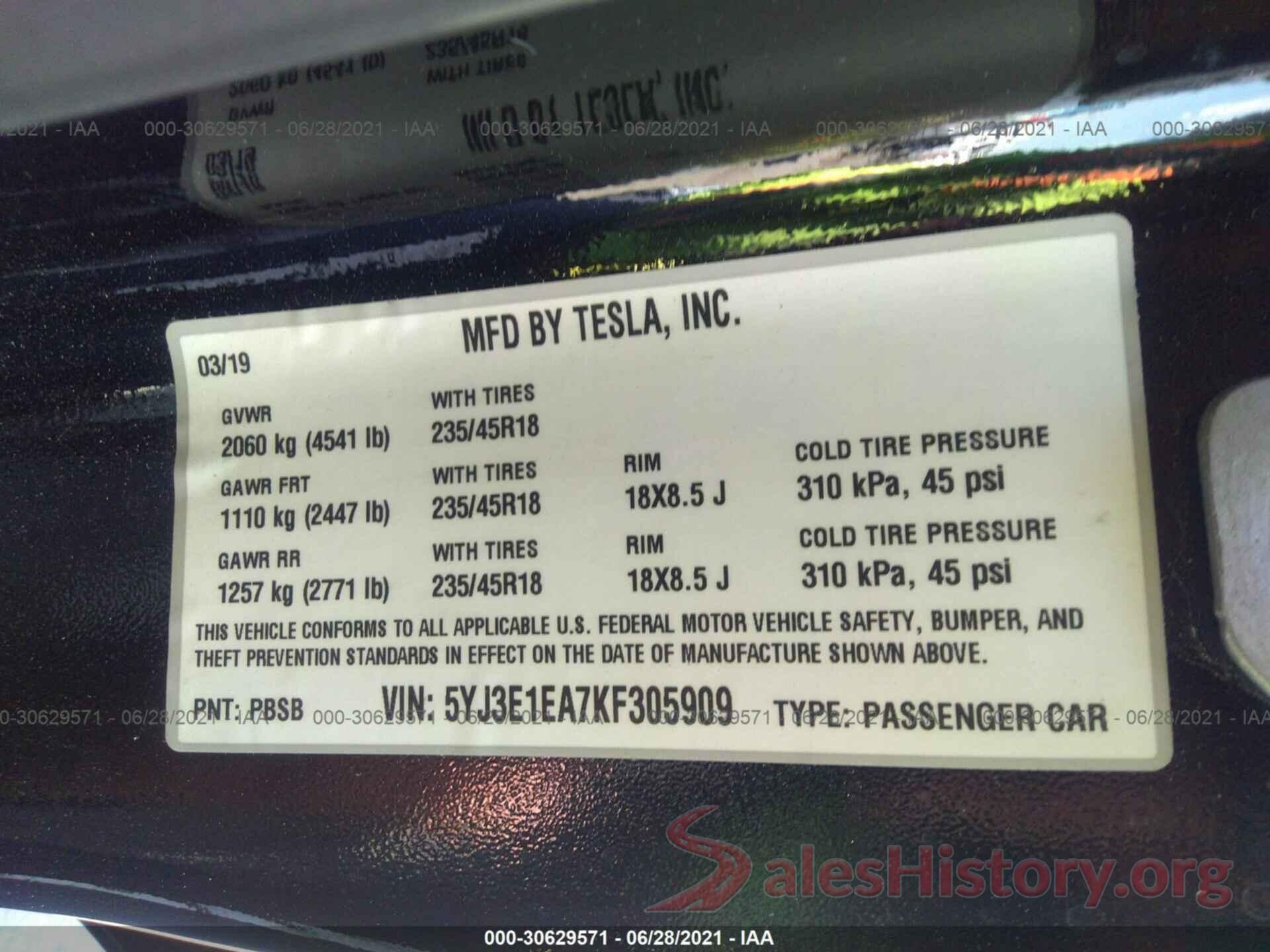 5YJ3E1EA7KF305909 2019 TESLA MODEL 3