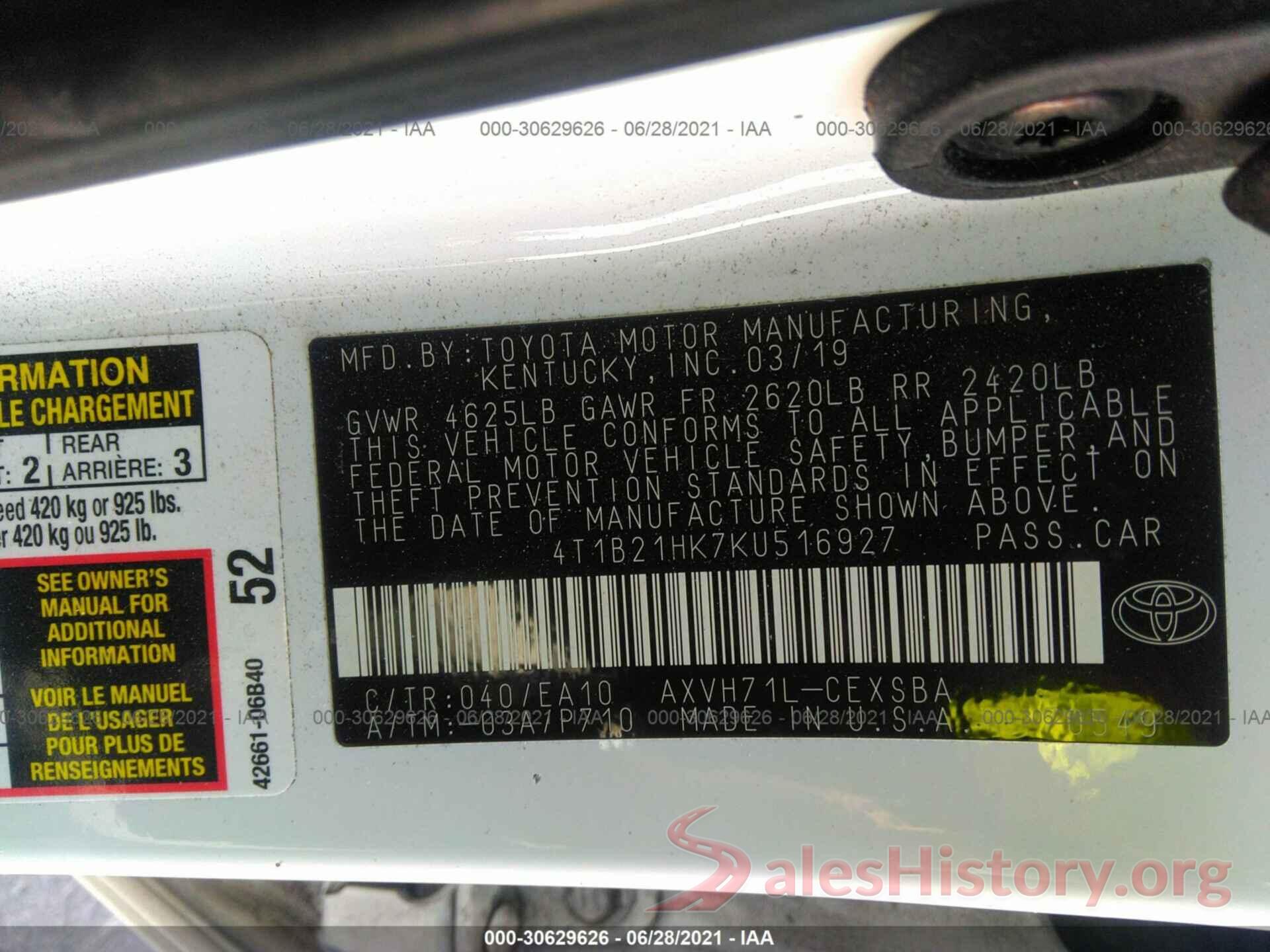 4T1B21HK7KU516927 2019 TOYOTA CAMRY