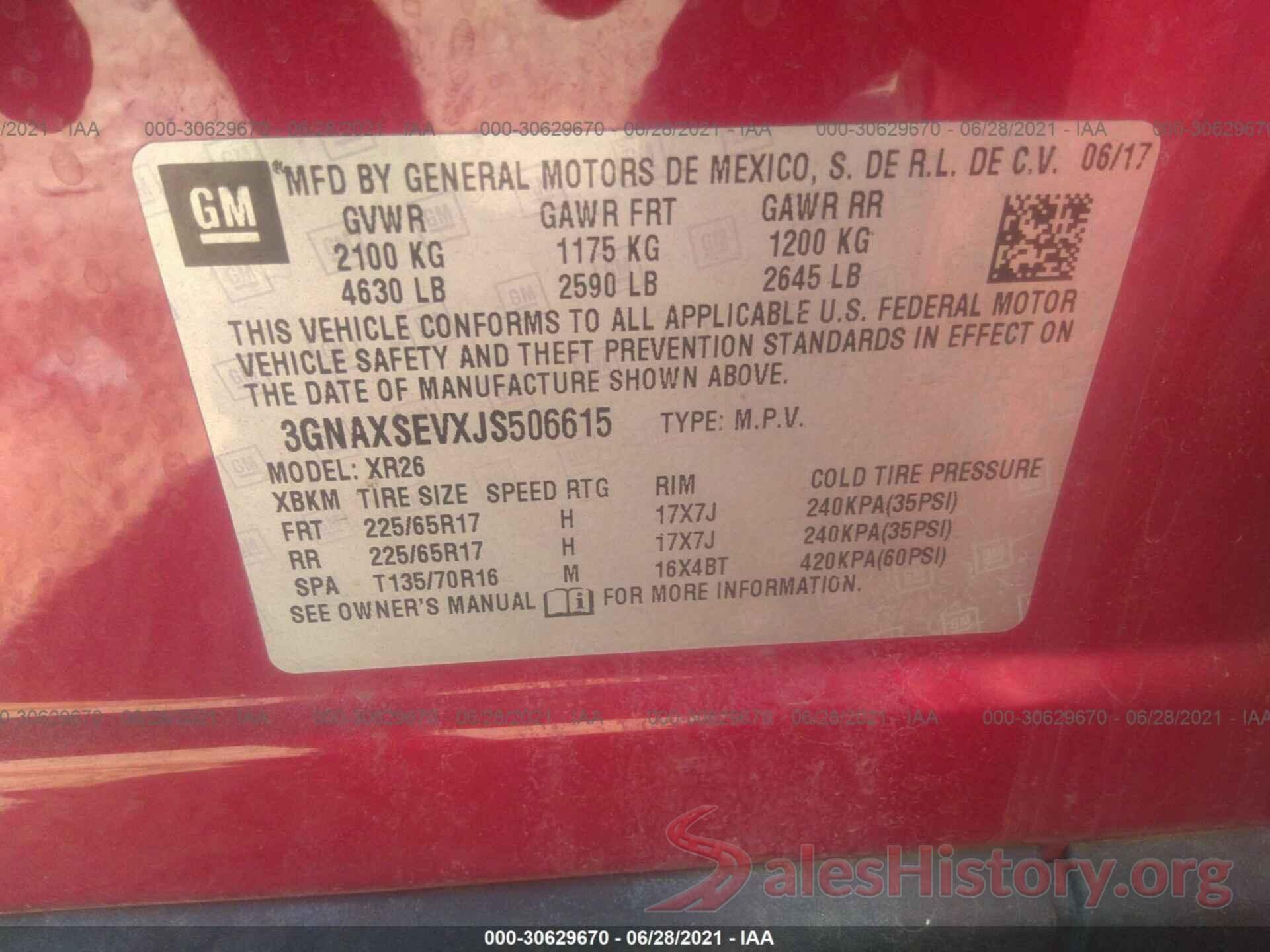 3GNAXSEVXJS506615 2018 CHEVROLET EQUINOX