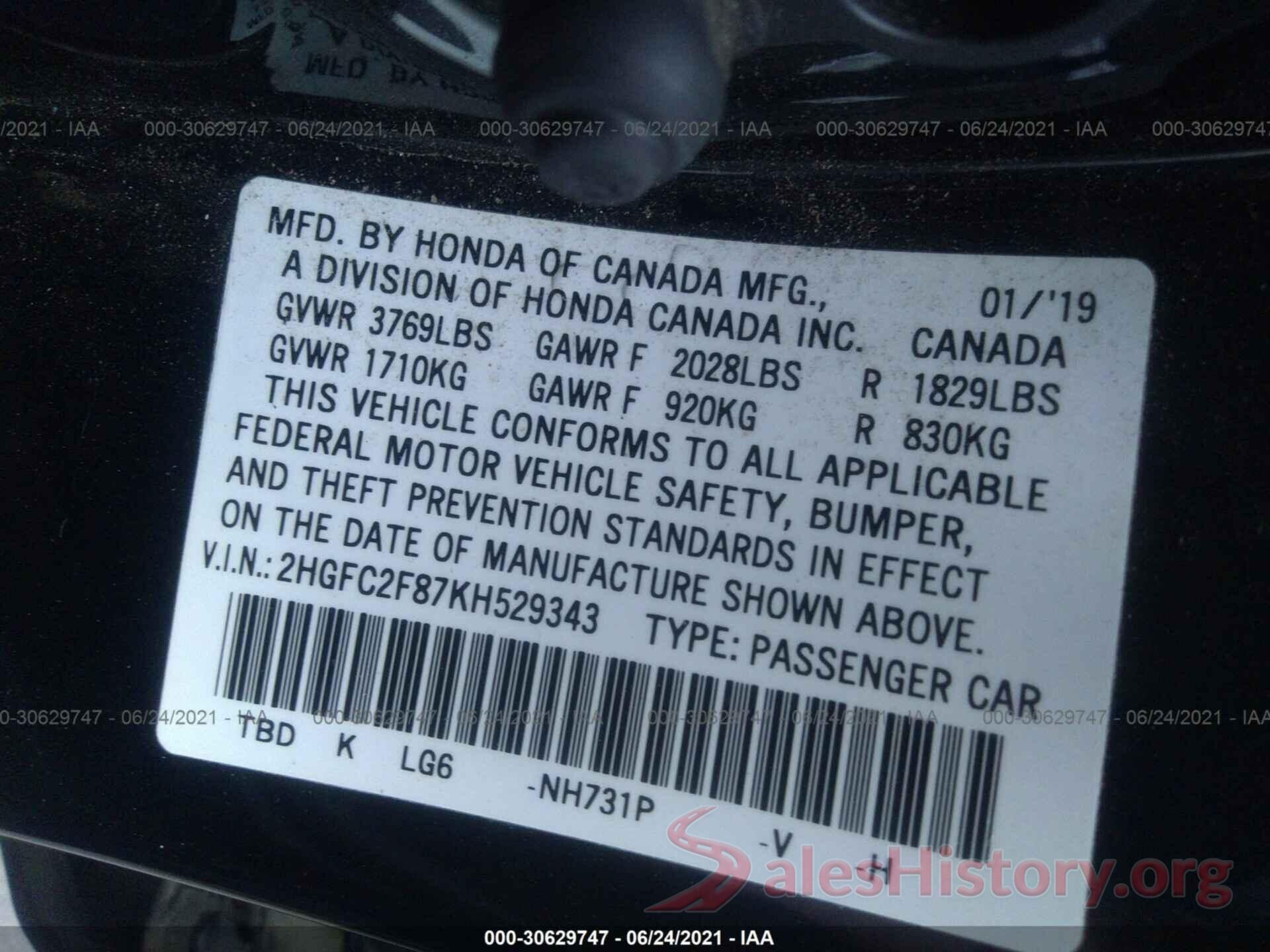 2HGFC2F87KH529343 2019 HONDA CIVIC SEDAN