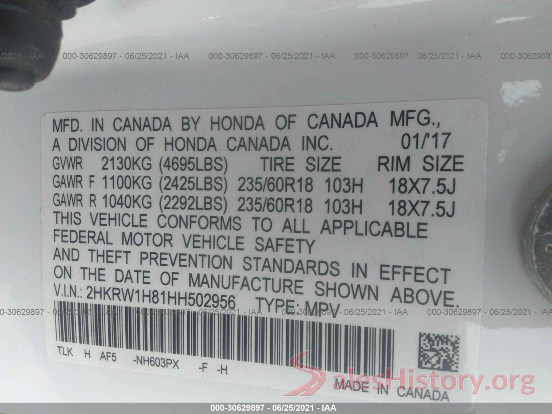 2HKRW1H81HH502956 2017 HONDA CR-V