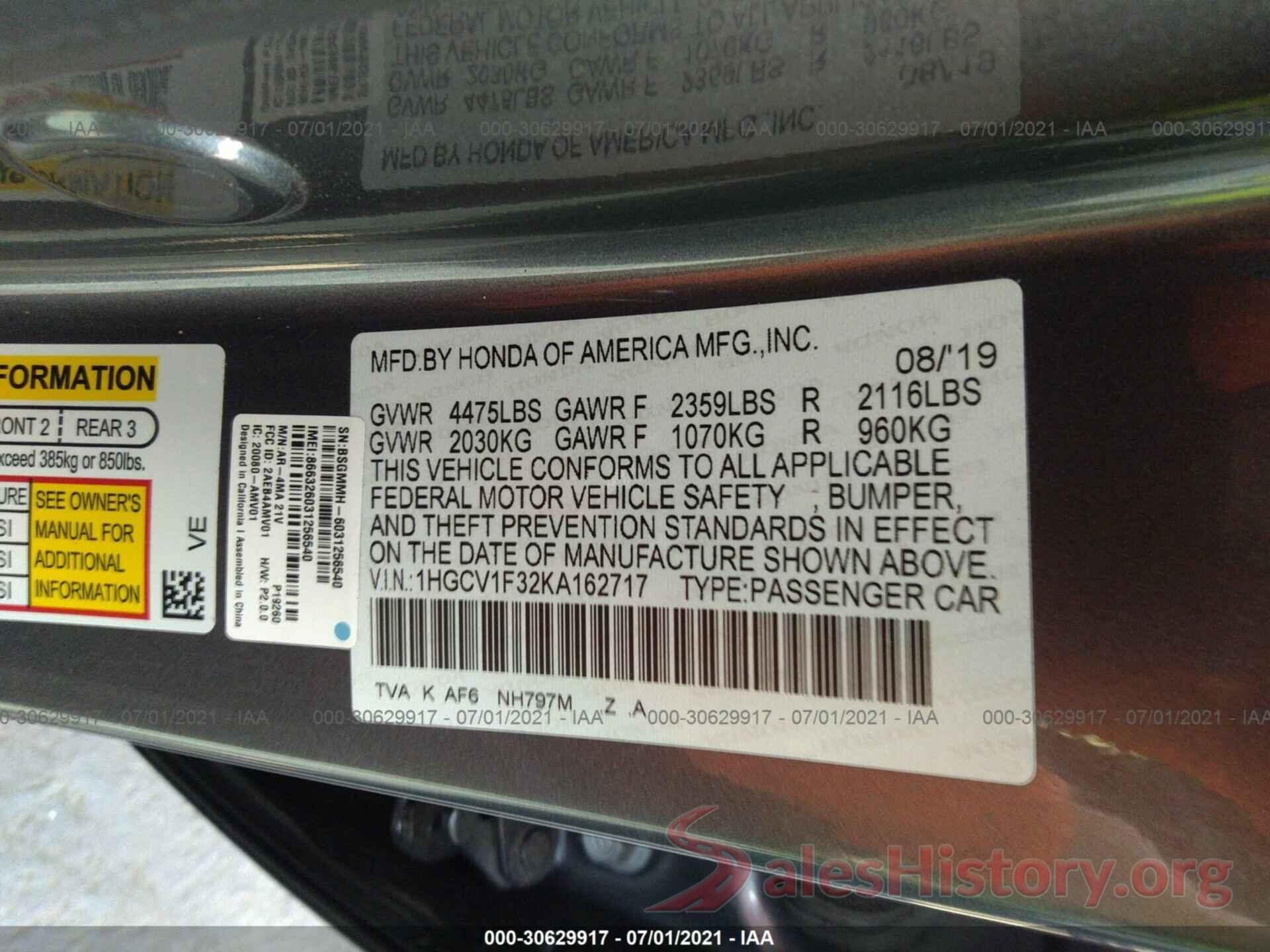 1HGCV1F32KA162717 2019 HONDA ACCORD SEDAN