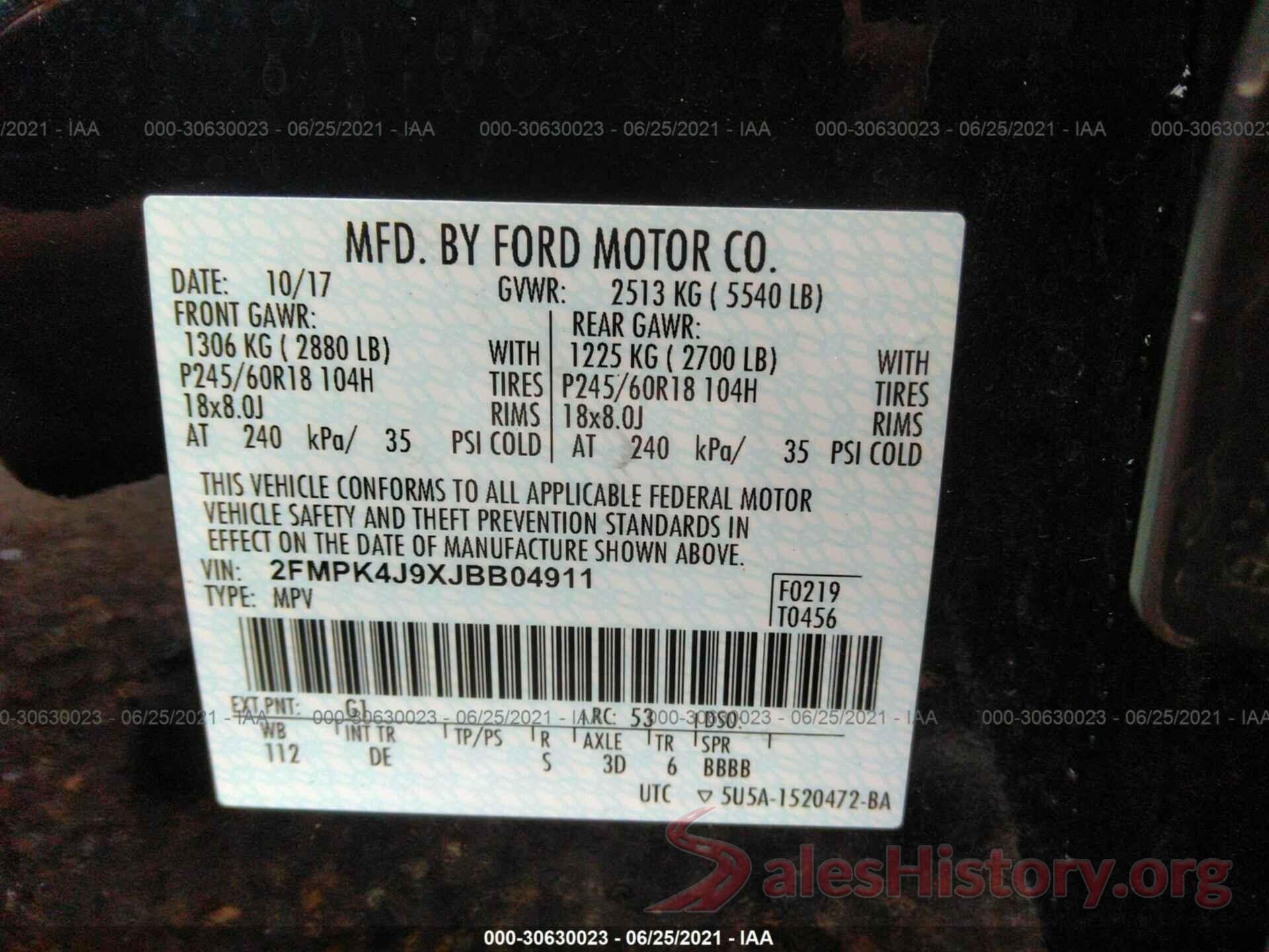 2FMPK4J9XJBB04911 2018 FORD EDGE