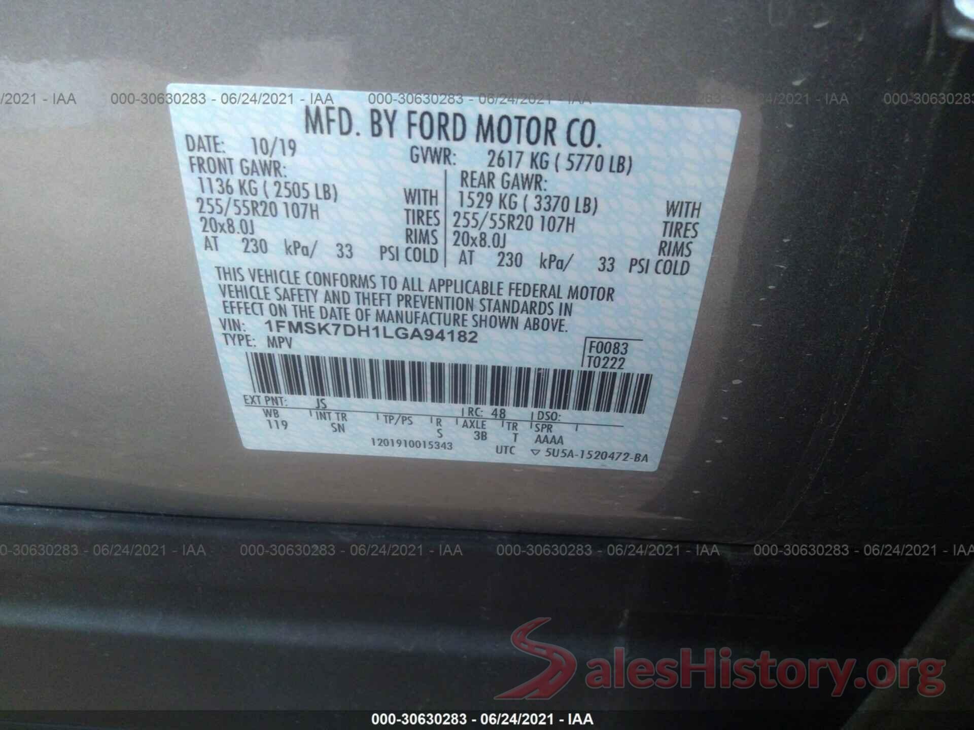 1FMSK7DH1LGA94182 2020 FORD EXPLORER