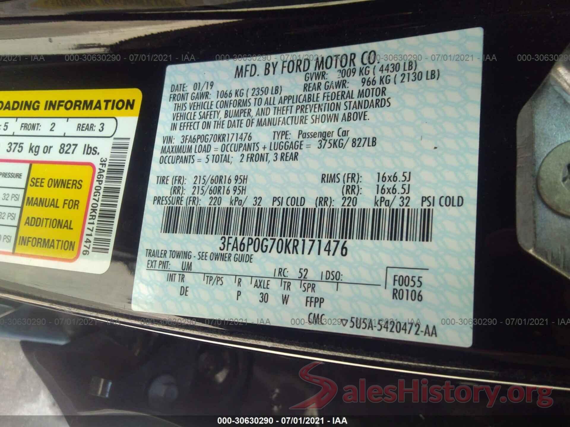 3FA6P0G70KR171476 2019 FORD FUSION