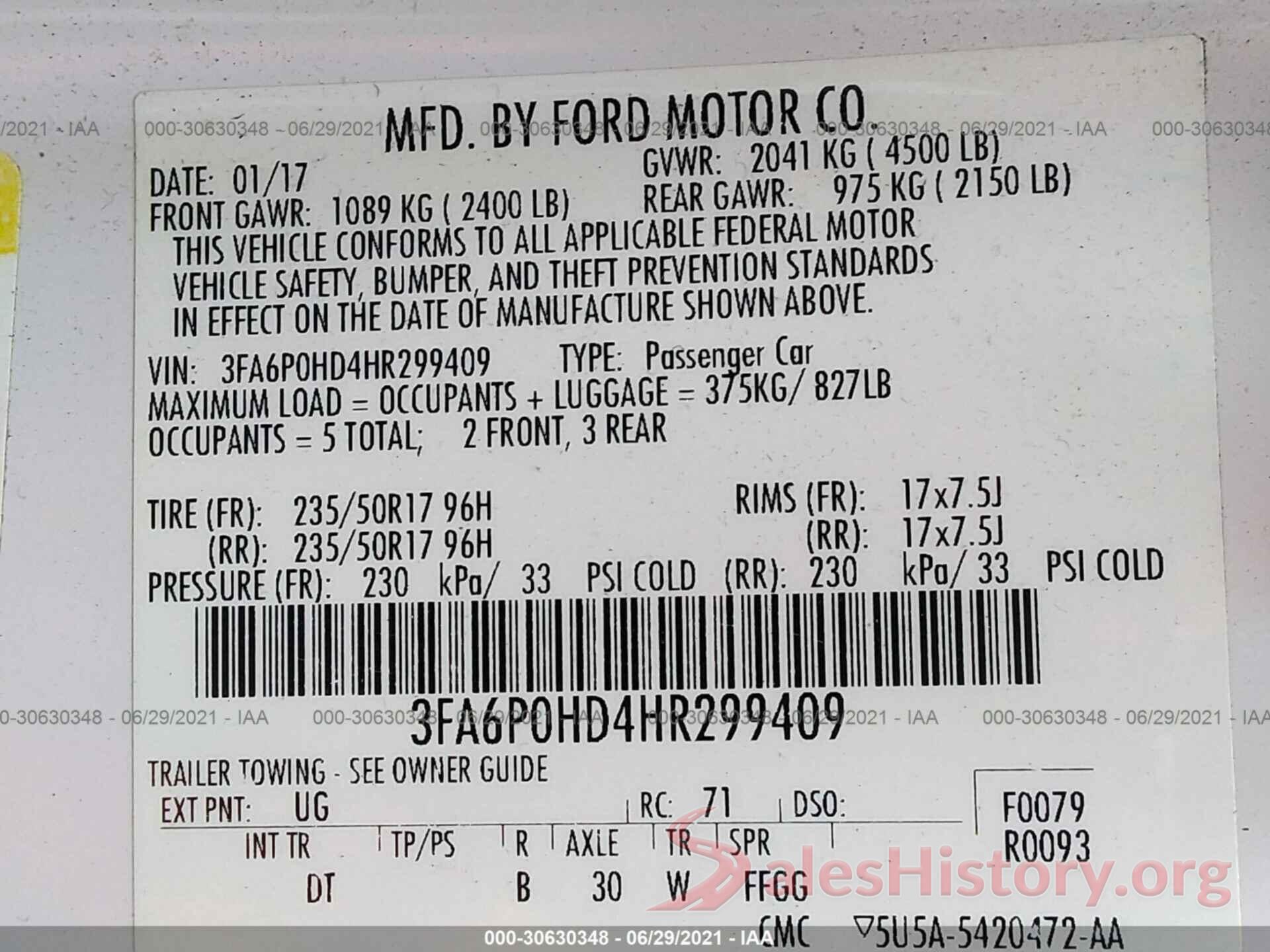 3FA6P0HD4HR299409 2017 FORD FUSION