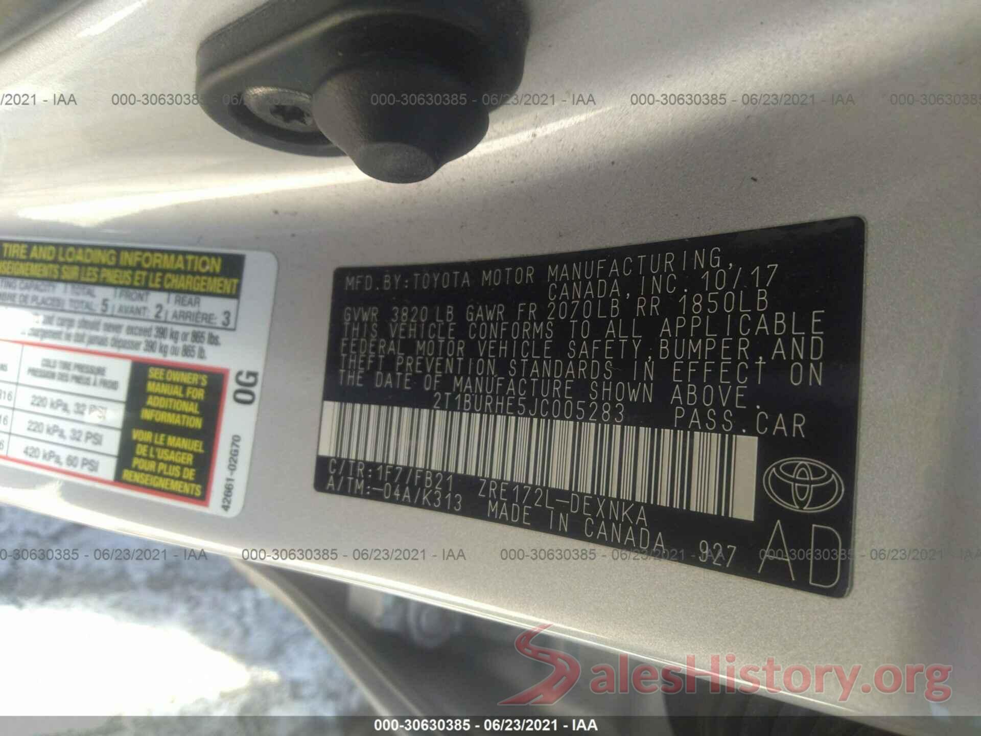 2T1BURHE5JC005283 2018 TOYOTA COROLLA