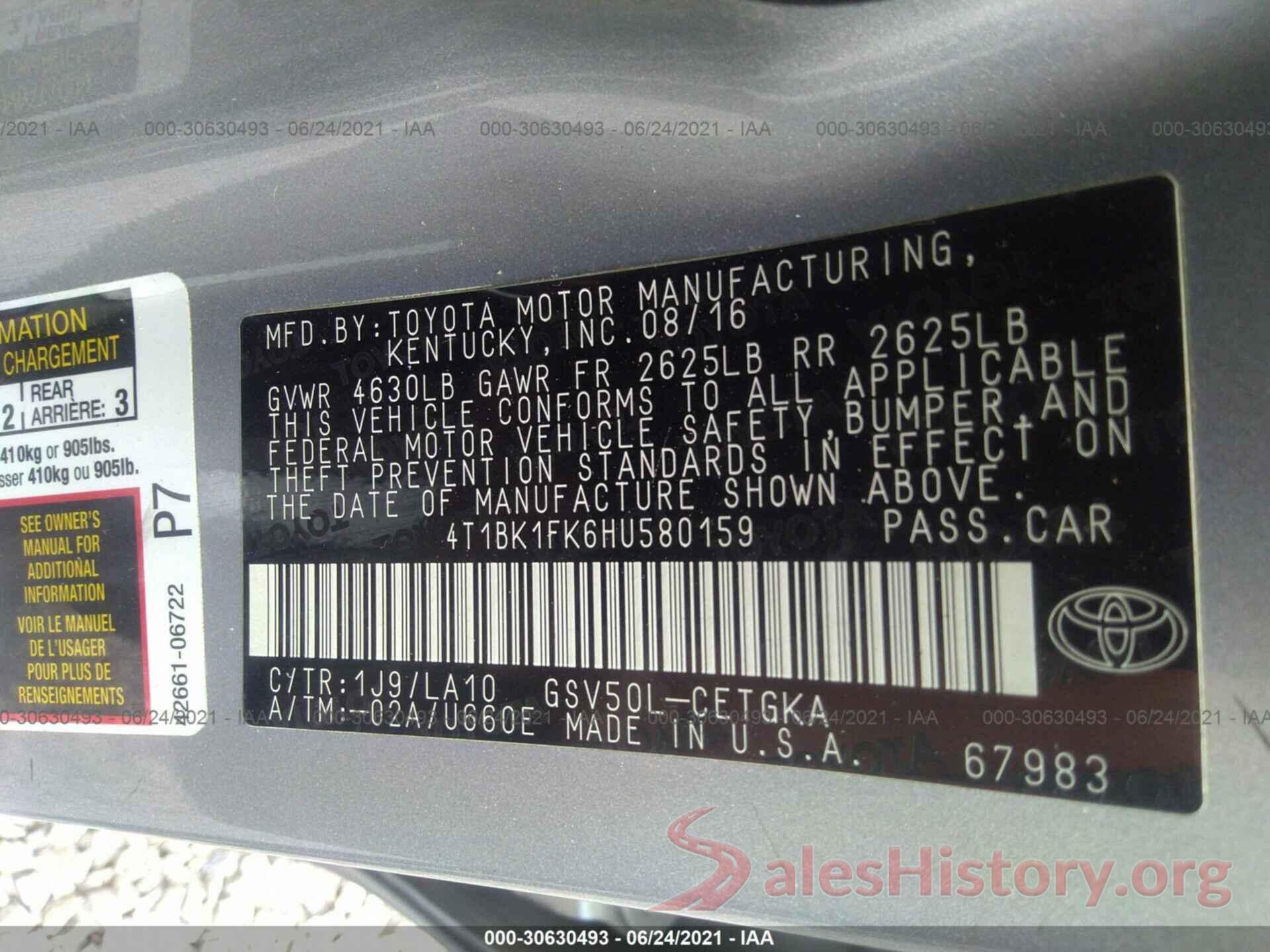 4T1BK1FK6HU580159 2017 TOYOTA CAMRY