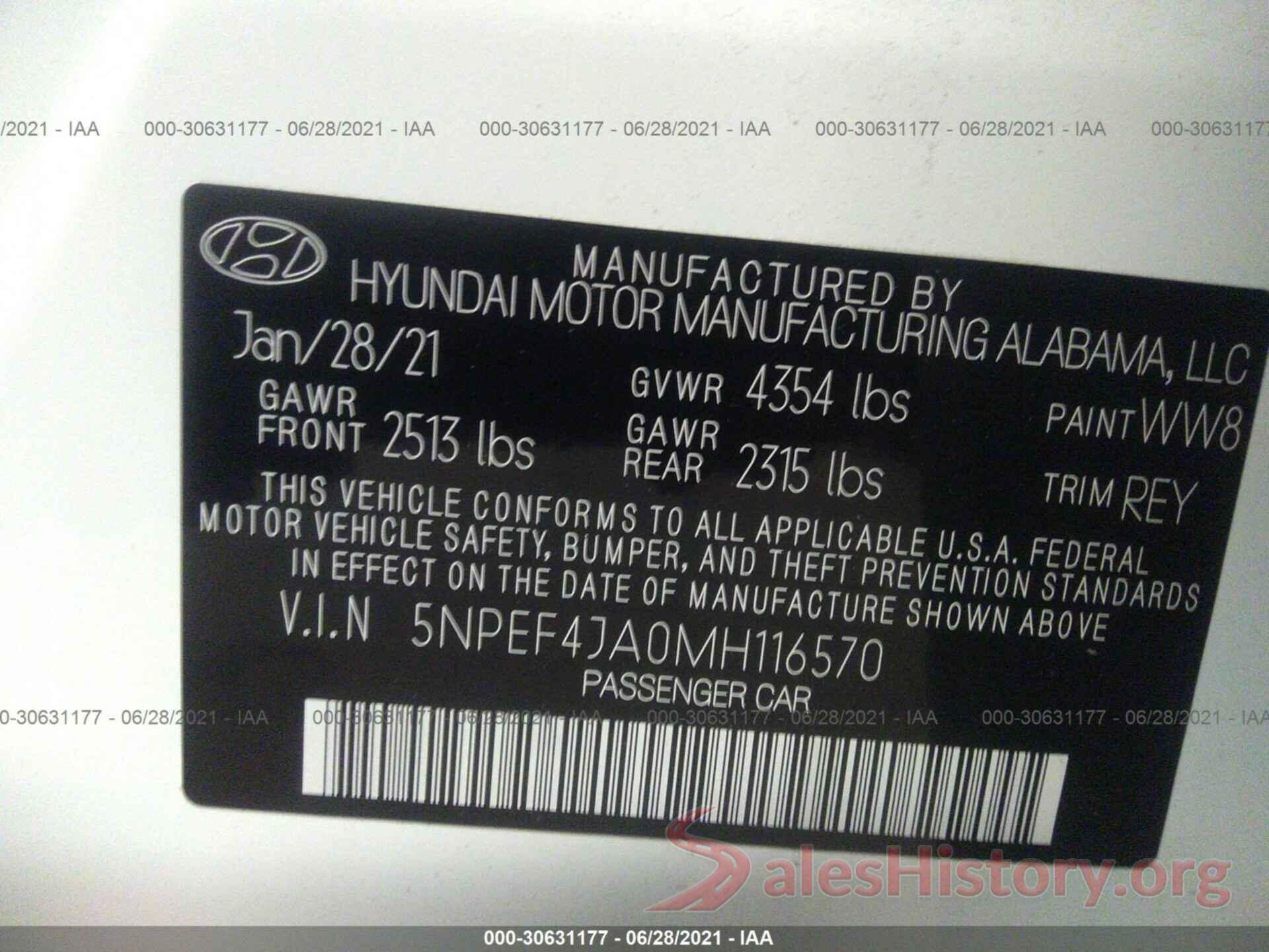 5NPEF4JA0MH116570 2021 HYUNDAI SONATA