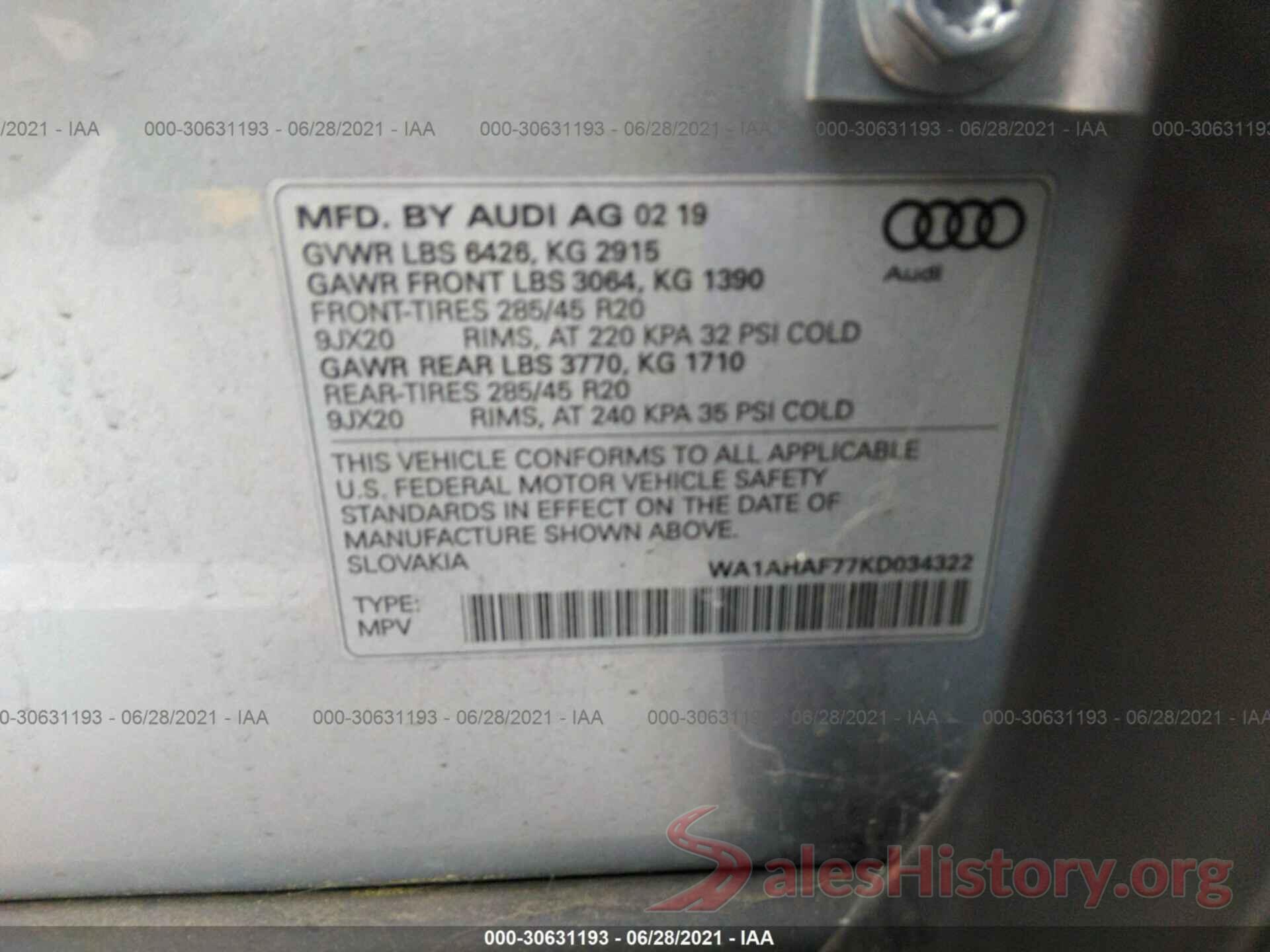 WA1AHAF77KD034322 2019 AUDI Q7