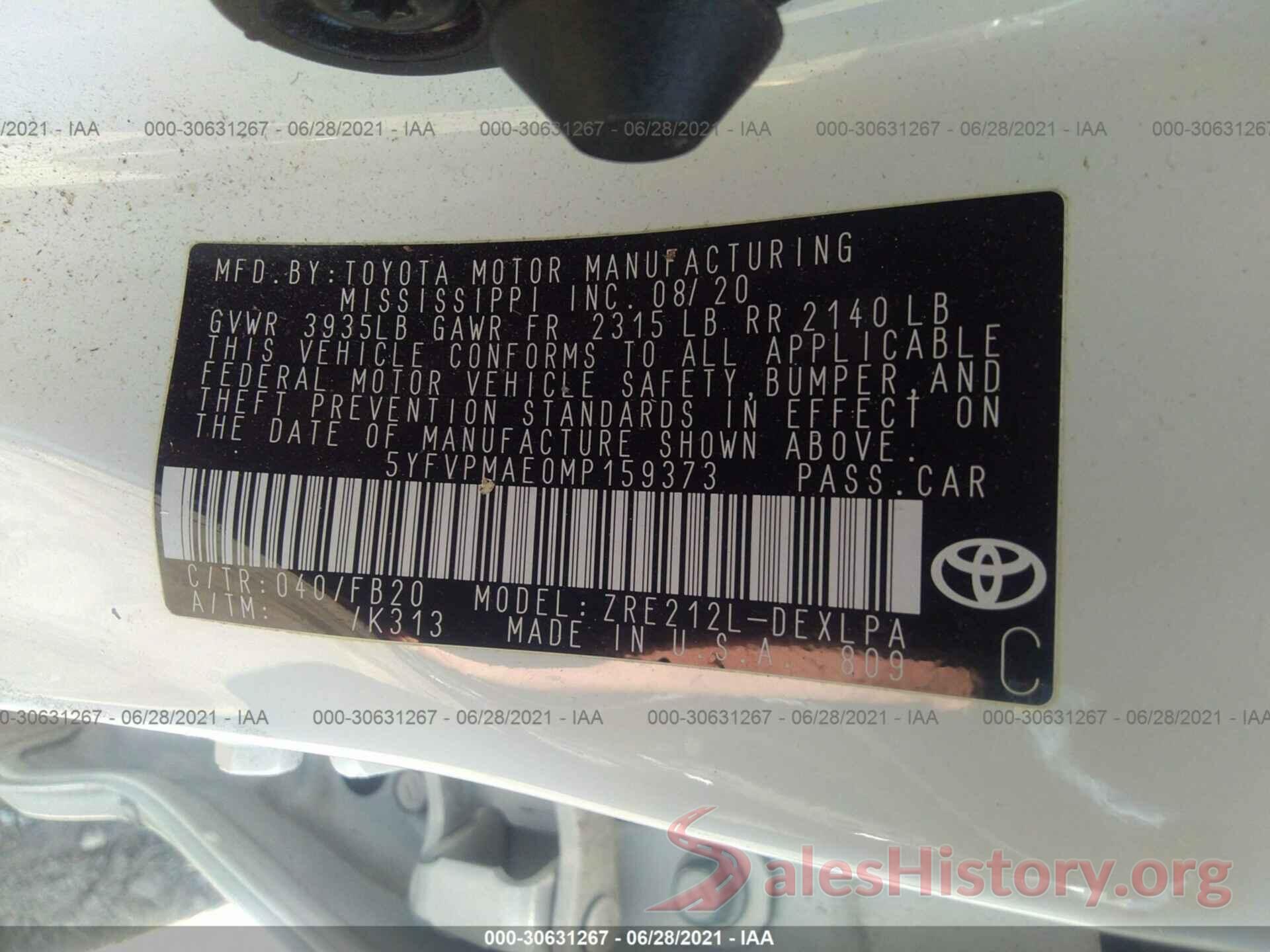 5YFVPMAE0MP159373 2021 TOYOTA COROLLA