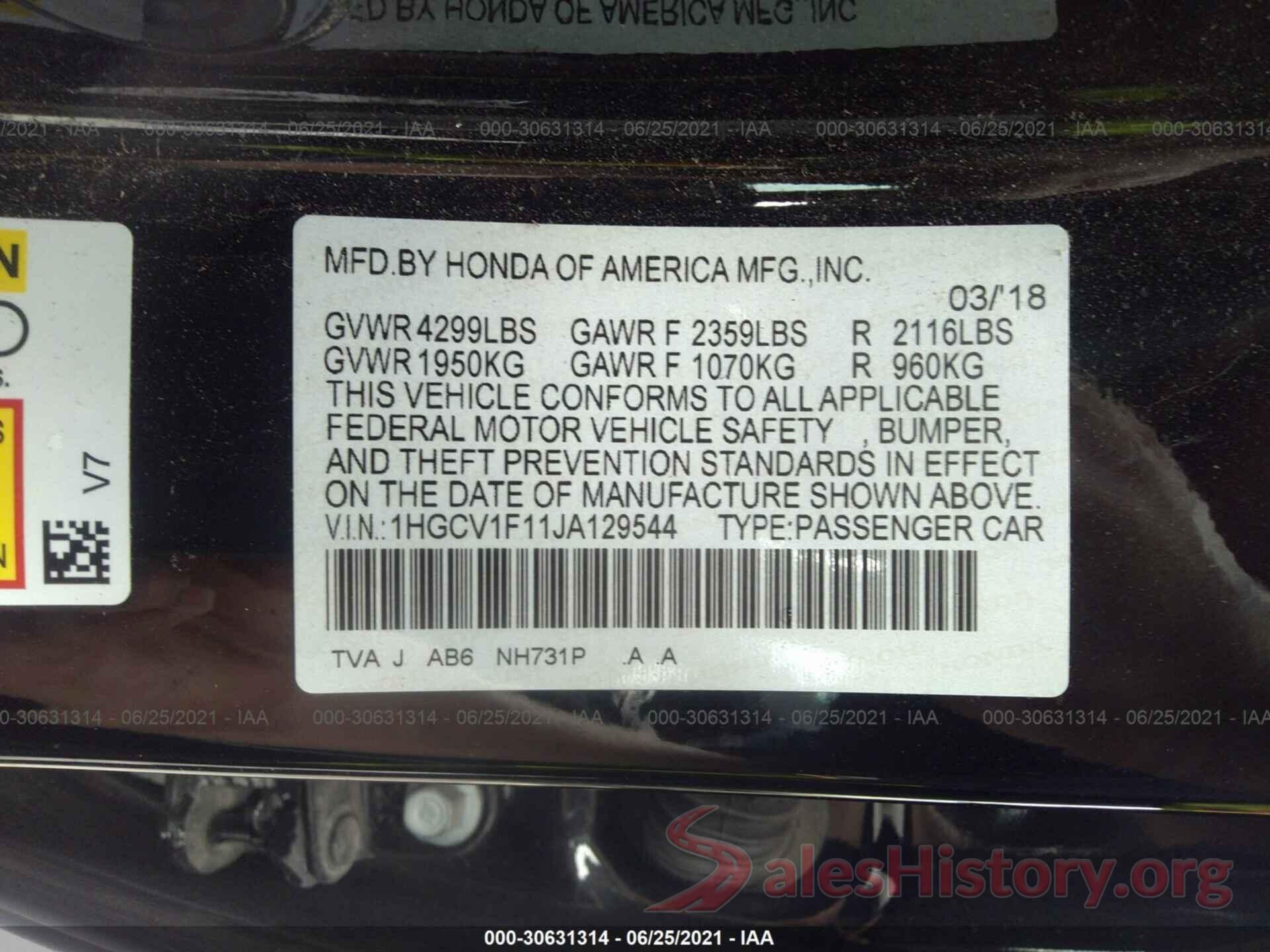 1HGCV1F11JA129544 2018 HONDA ACCORD SEDAN