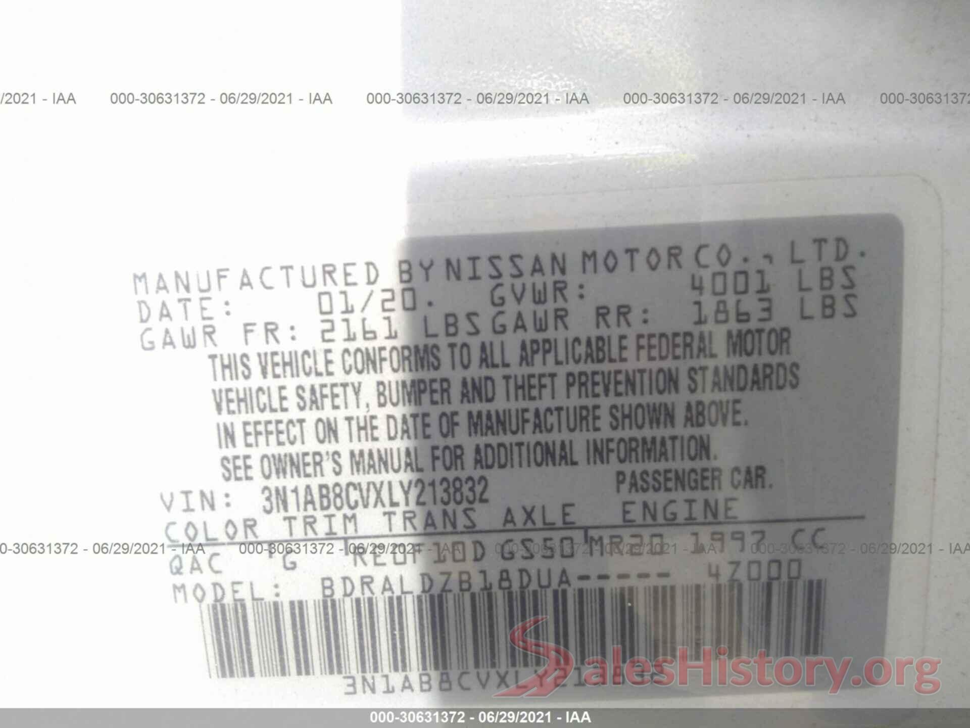 3N1AB8CVXLY213832 2020 NISSAN SENTRA