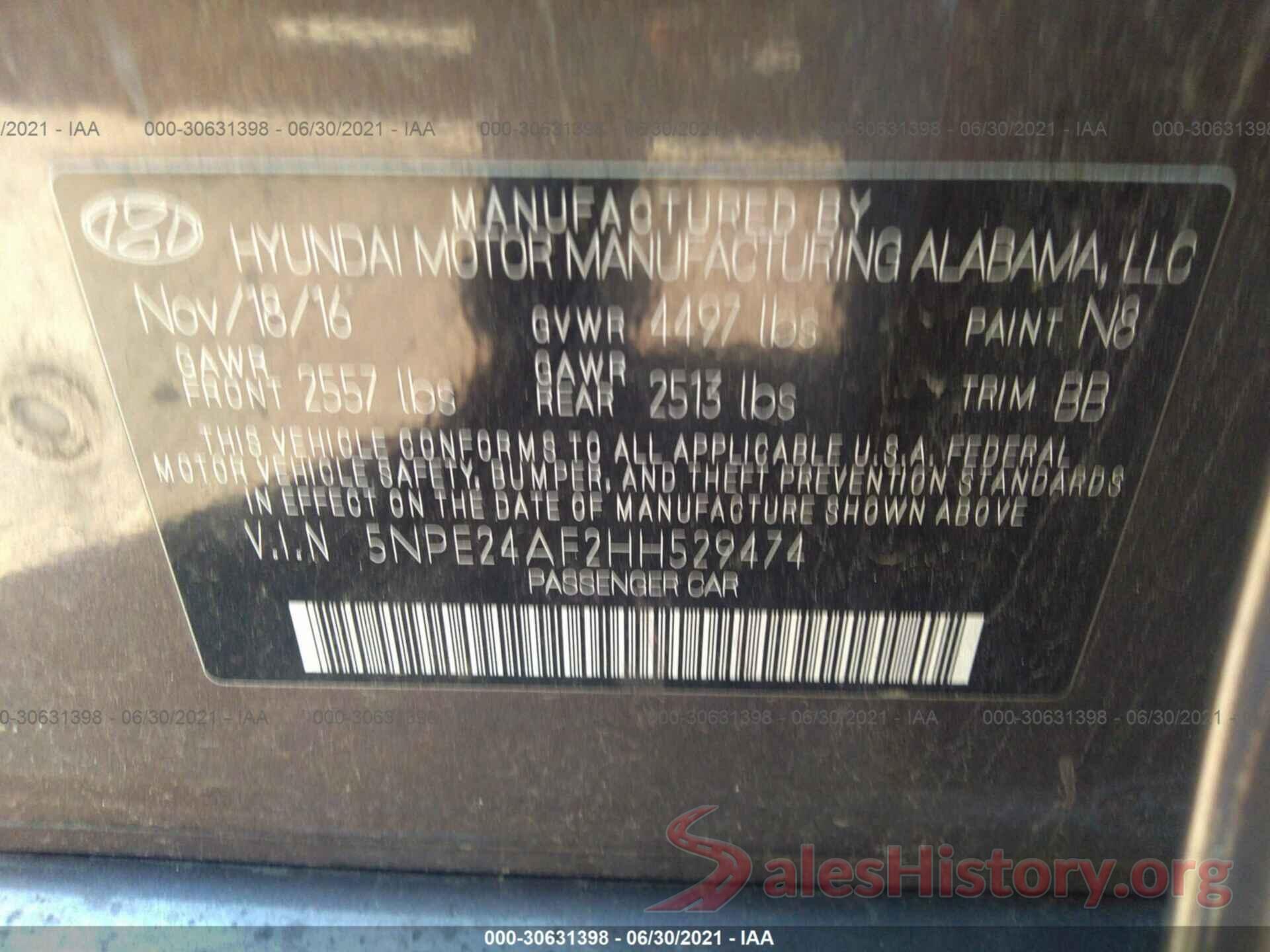 5NPE24AF2HH529474 2017 HYUNDAI SONATA