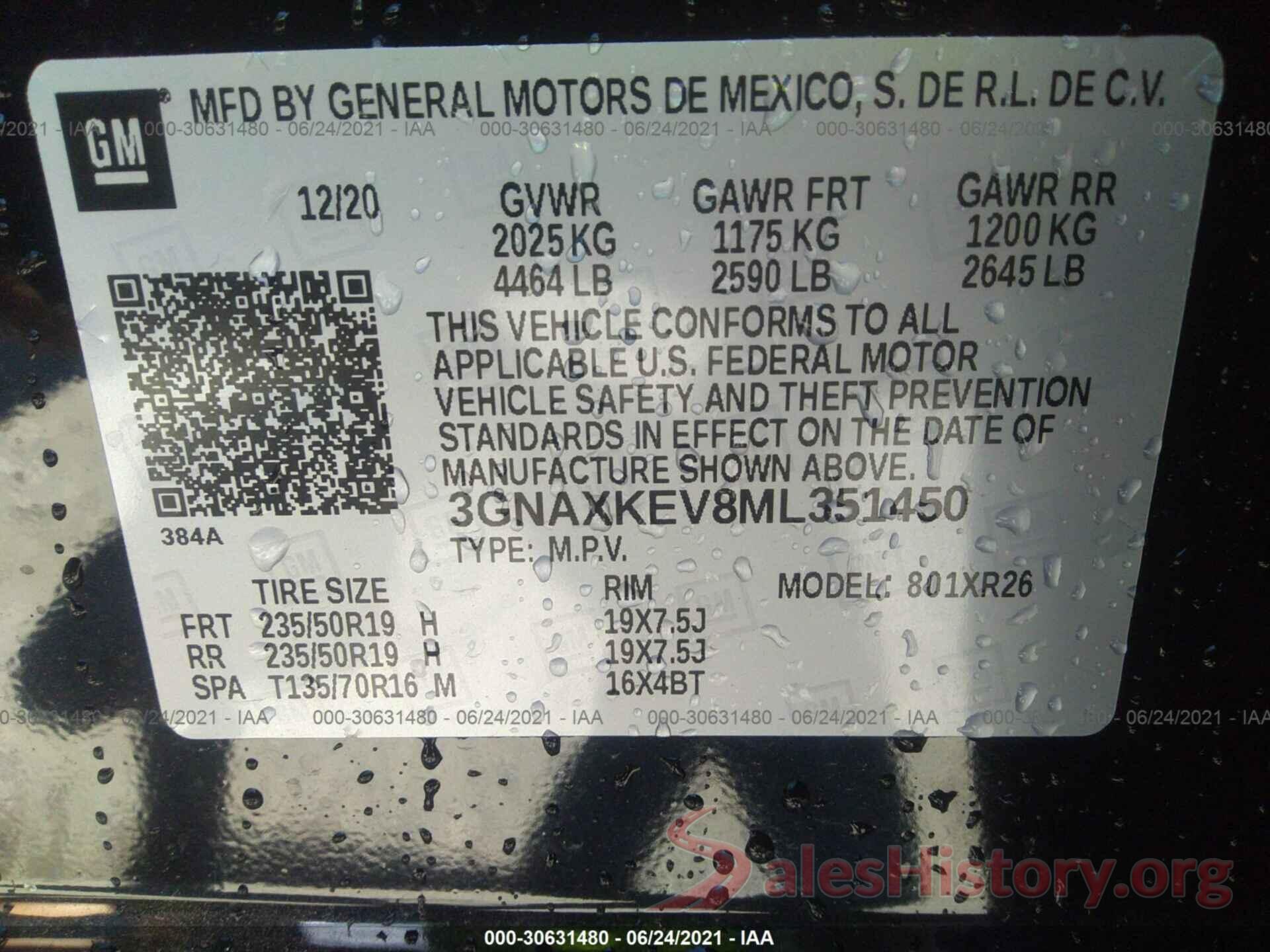 3GNAXKEV8ML351450 2021 CHEVROLET EQUINOX