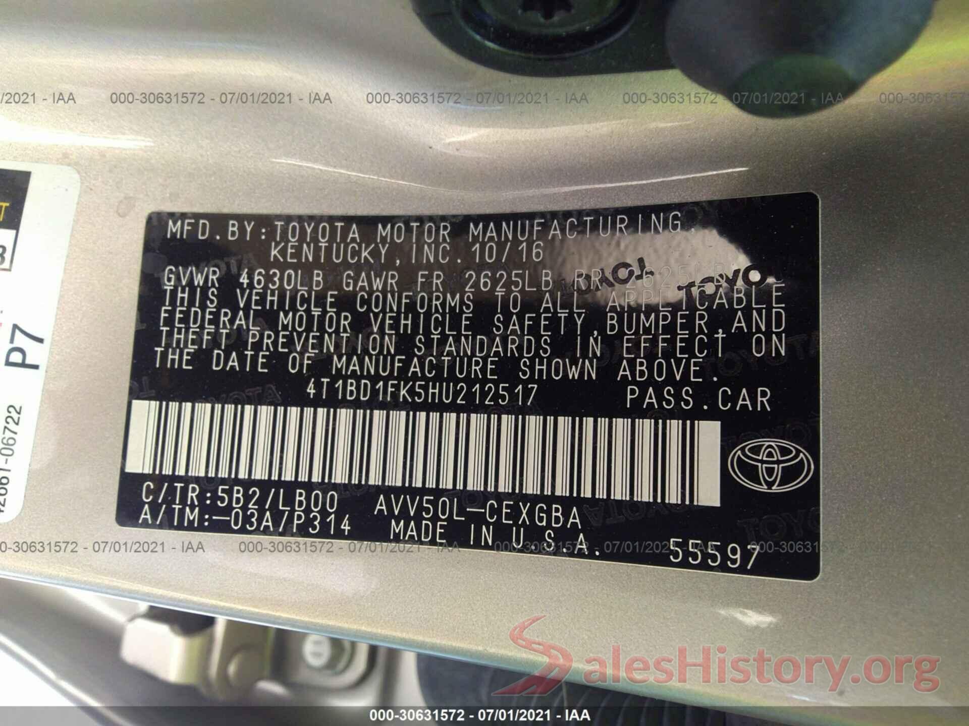 4T1BD1FK5HU212517 2017 TOYOTA CAMRY