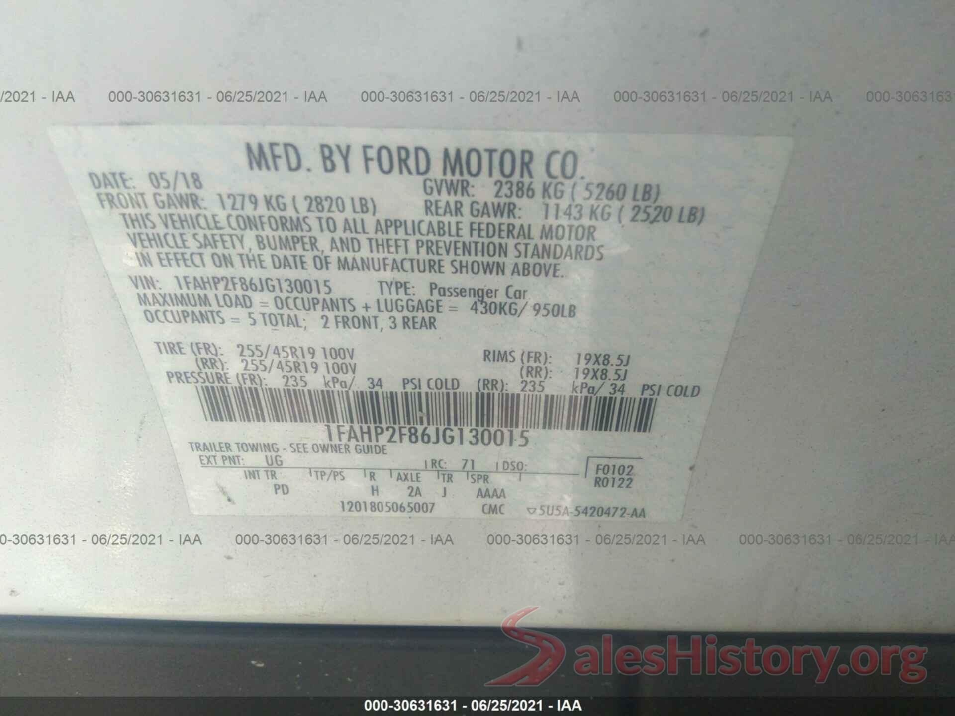 1FAHP2F86JG130015 2018 FORD TAURUS