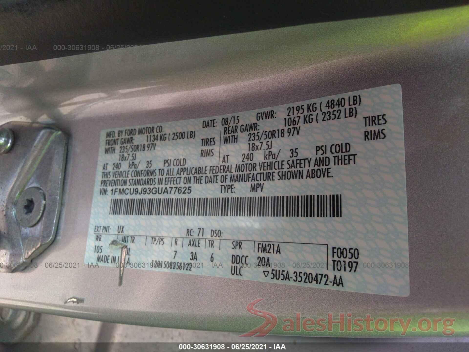 1FMCU9J93GUA77625 2016 FORD ESCAPE