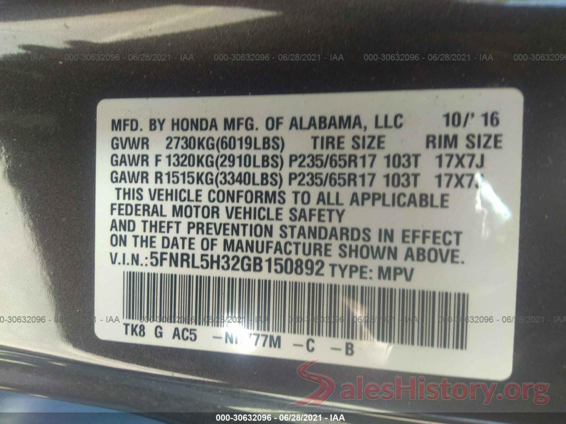 5FNRL5H32GB150892 2016 HONDA ODYSSEY