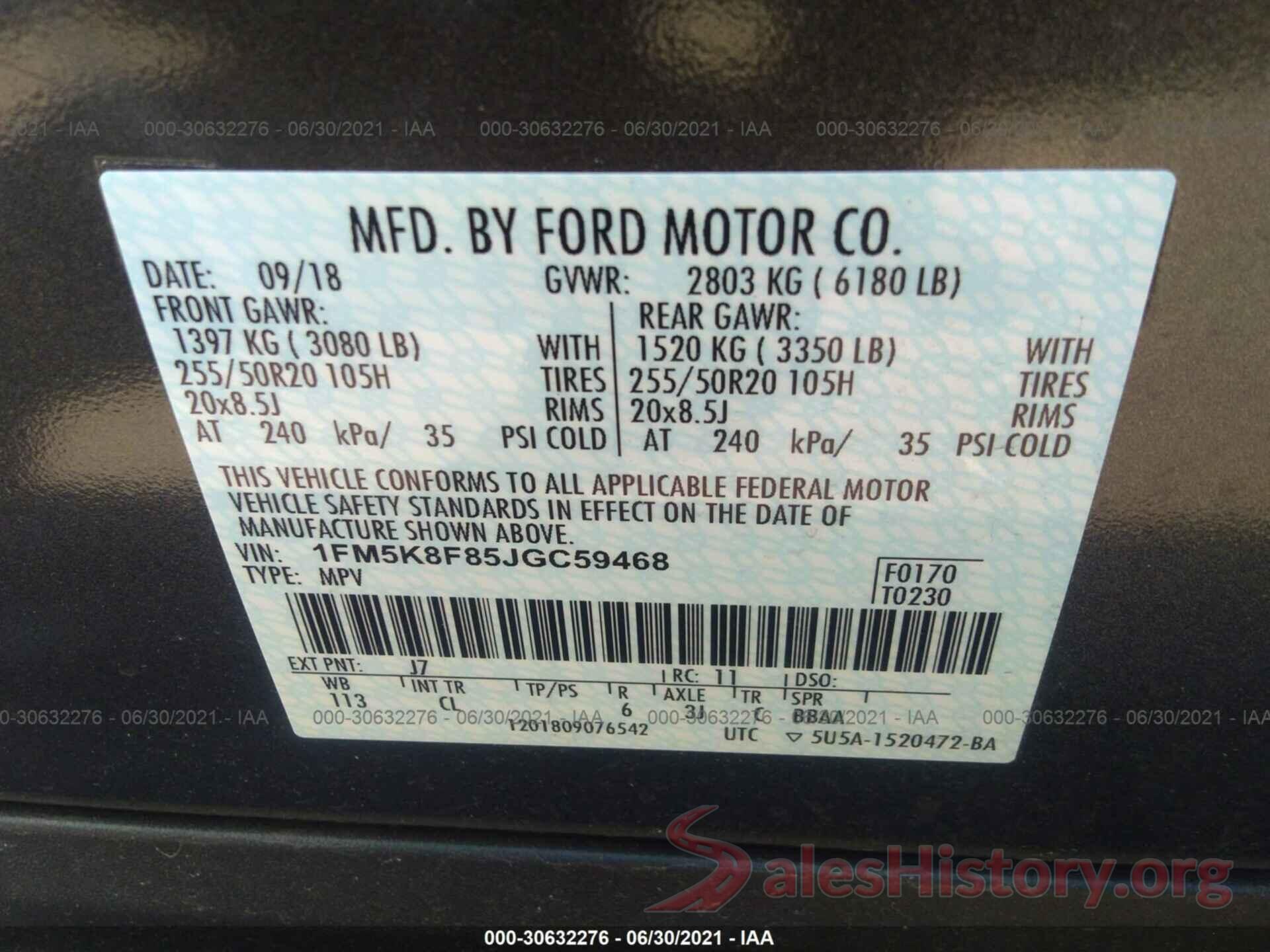 1FM5K8F85JGC59468 2018 FORD EXPLORER