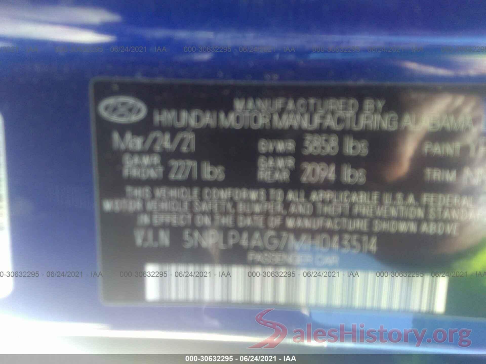 5NPLP4AG7MH043514 2021 HYUNDAI ELANTRA