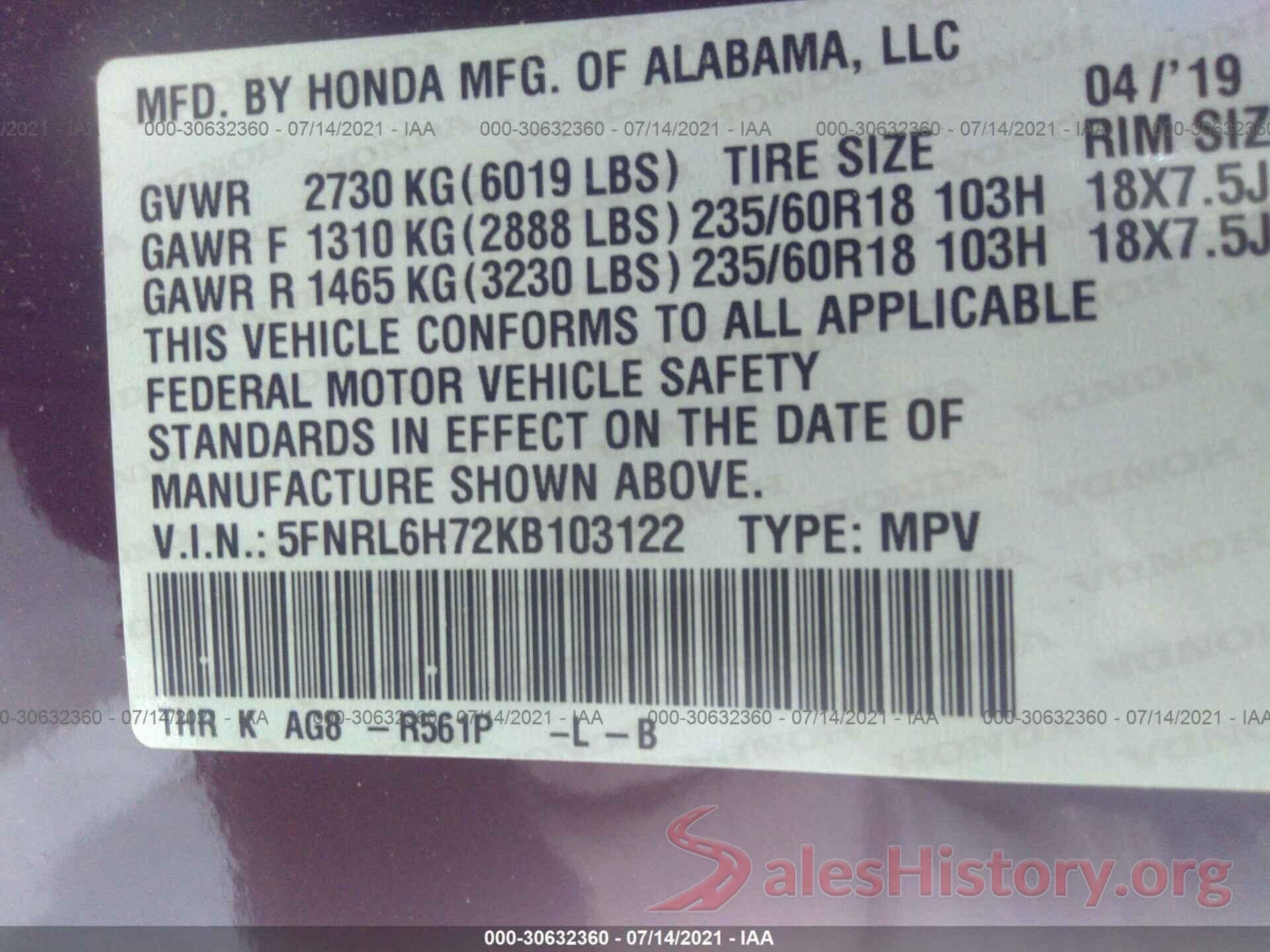 5FNRL6H72KB103122 2019 HONDA ODYSSEY