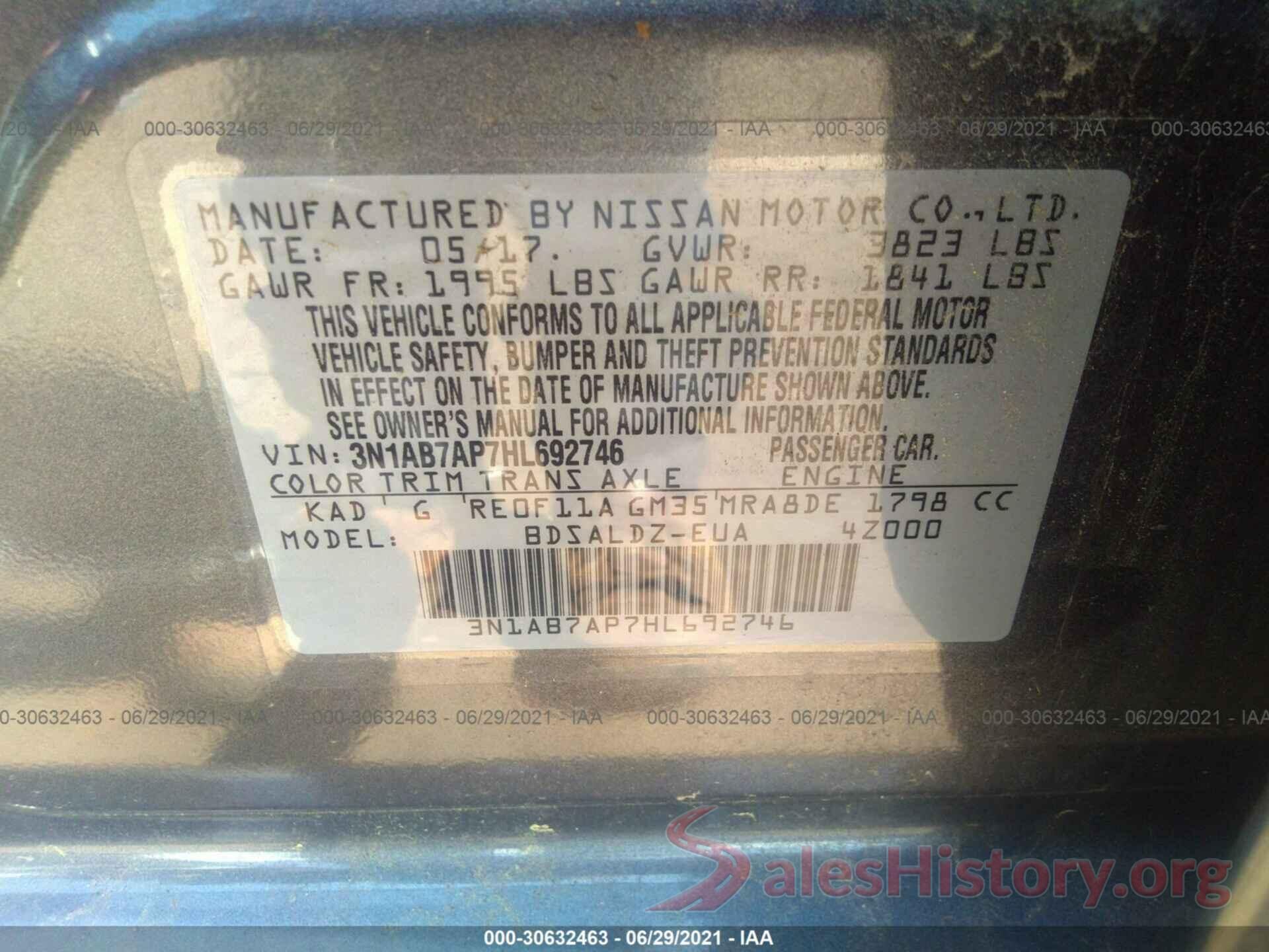 3N1AB7AP7HL692746 2017 NISSAN SENTRA