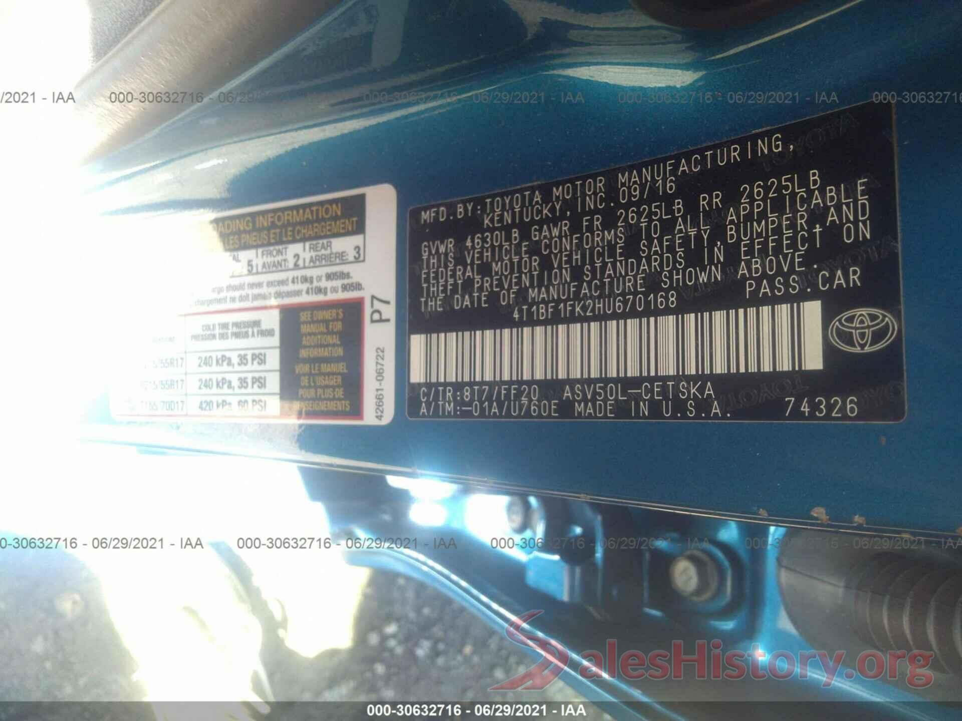 4T1BF1FK2HU670168 2017 TOYOTA CAMRY