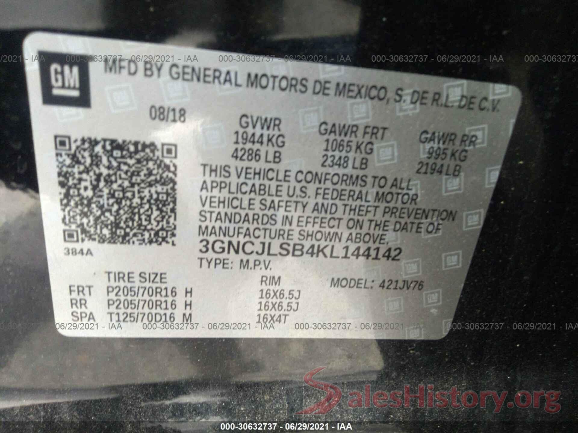 3GNCJLSB4KL144142 2019 CHEVROLET TRAX