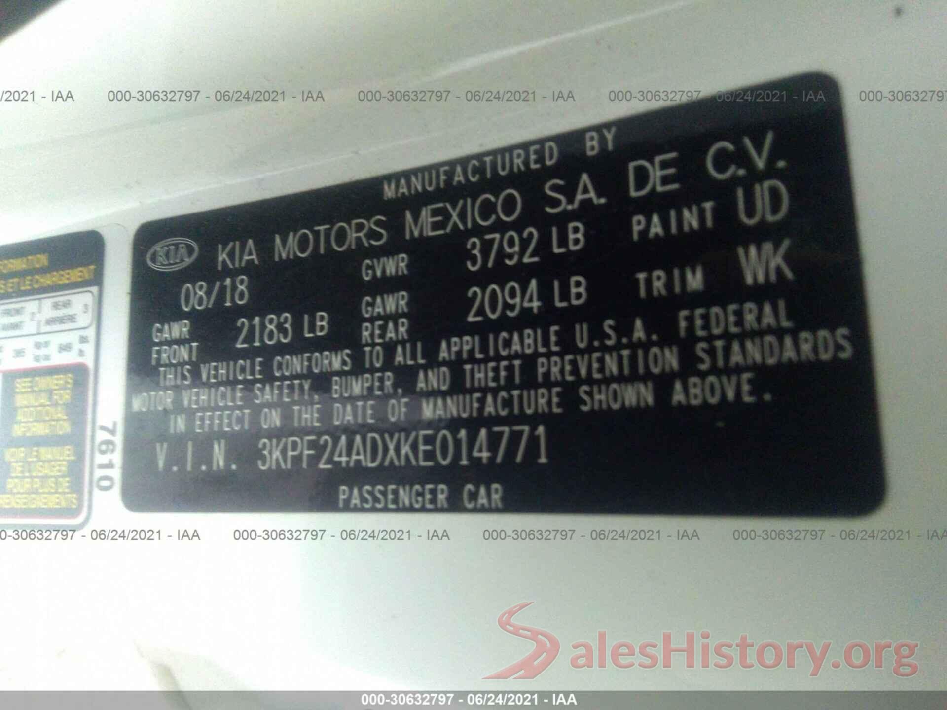 3KPF24ADXKE014771 2019 KIA FORTE