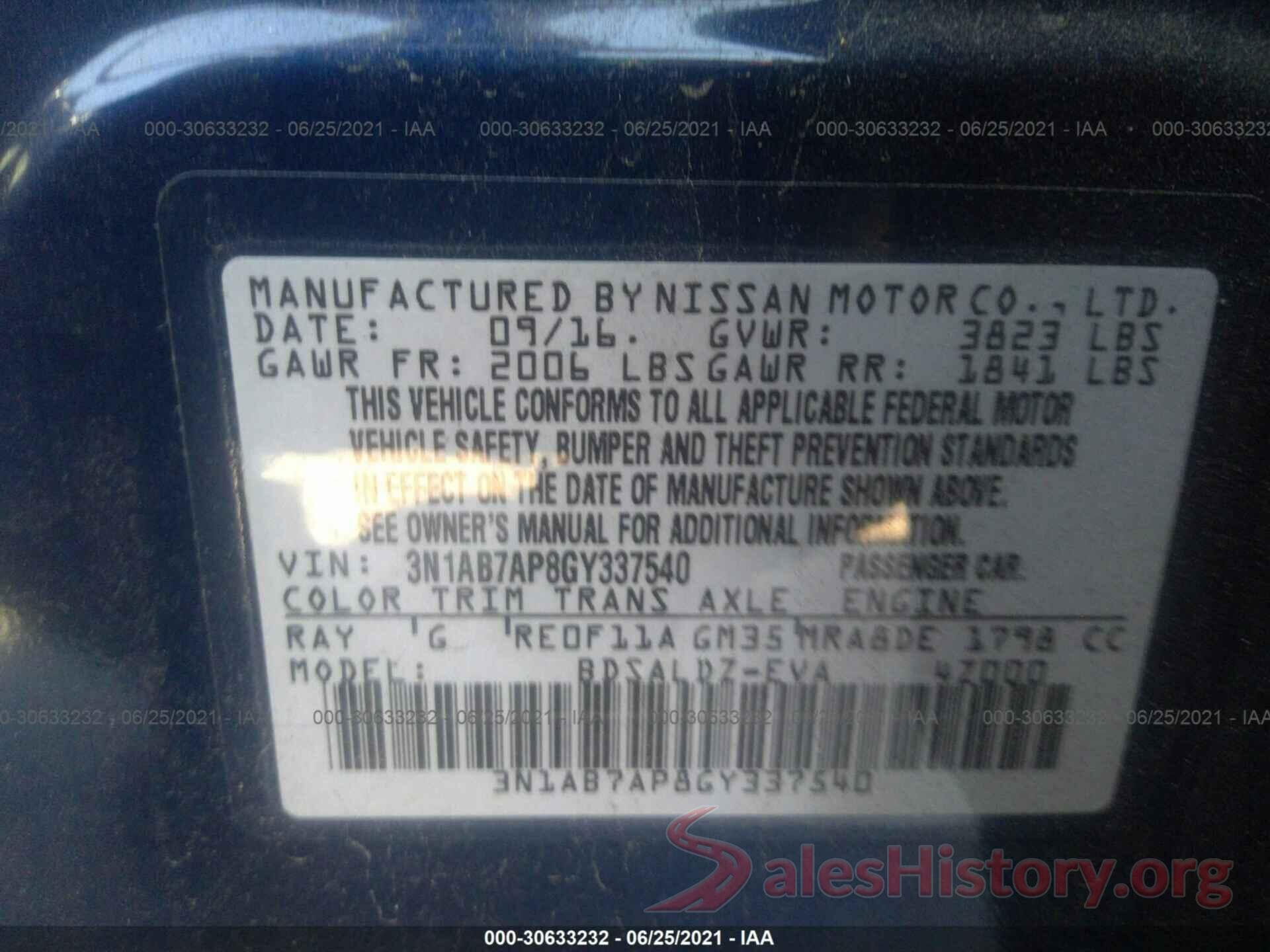 3N1AB7AP8GY337540 2016 NISSAN SENTRA