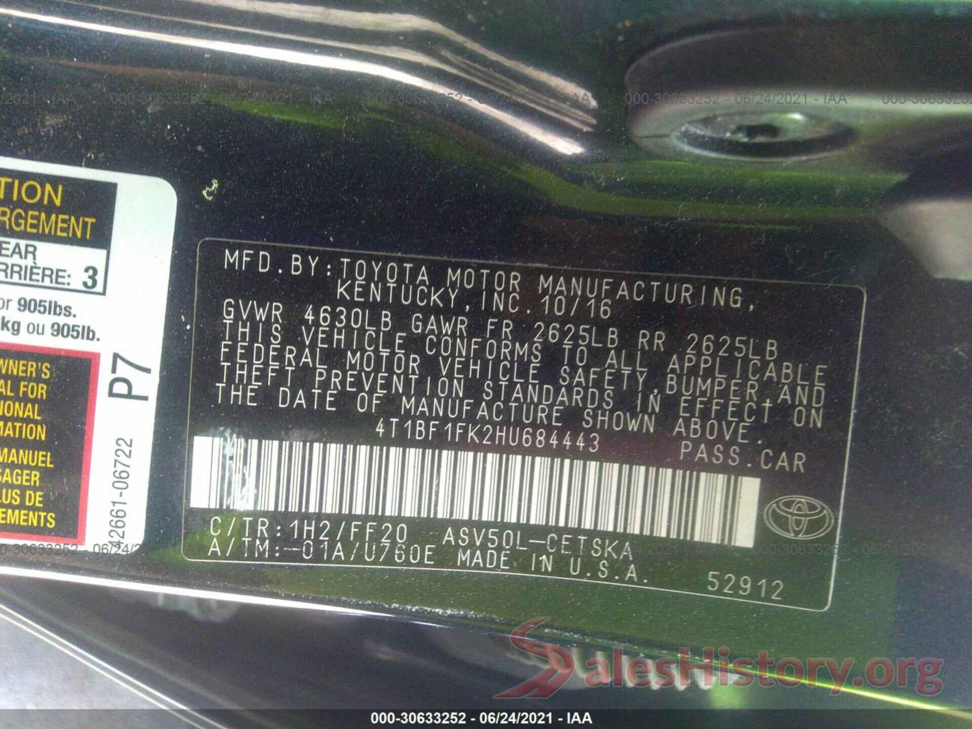 4T1BF1FK2HU684443 2017 TOYOTA CAMRY