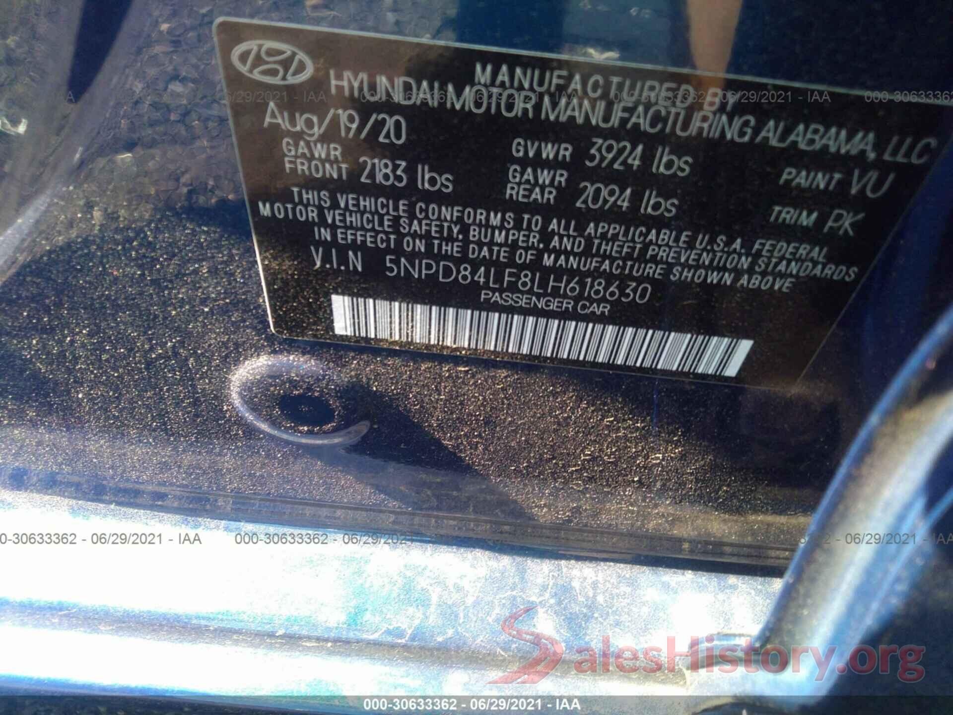 5NPD84LF8LH618630 2020 HYUNDAI ELANTRA