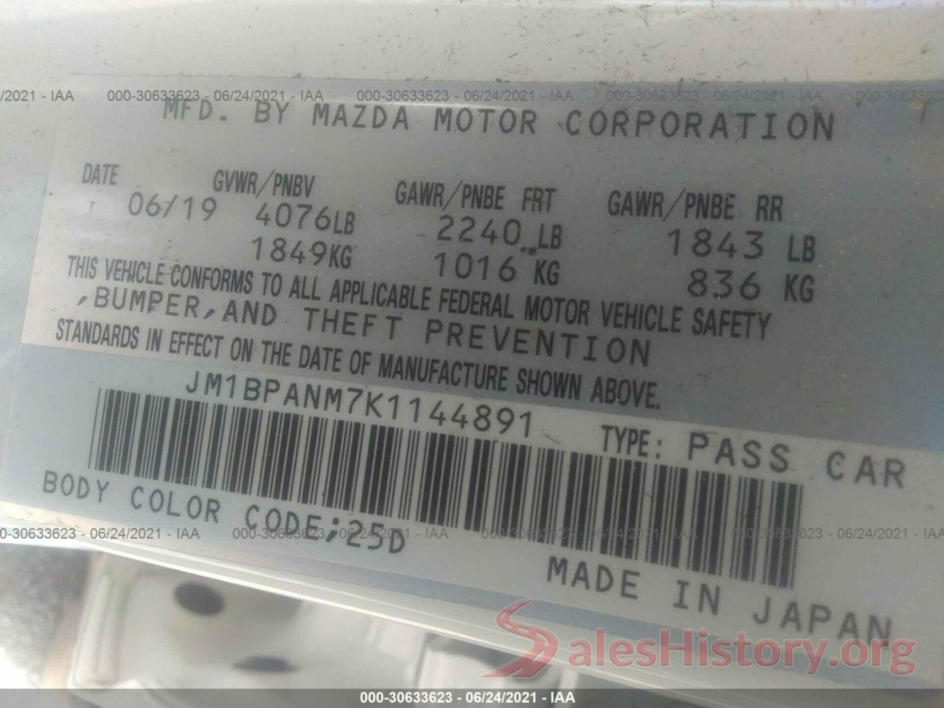 JM1BPANM7K1144891 2019 MAZDA MAZDA3 HATCHBACK