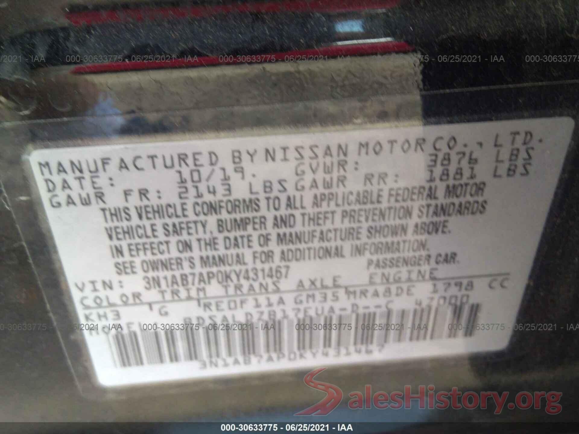 3N1AB7AP0KY431467 2019 NISSAN SENTRA