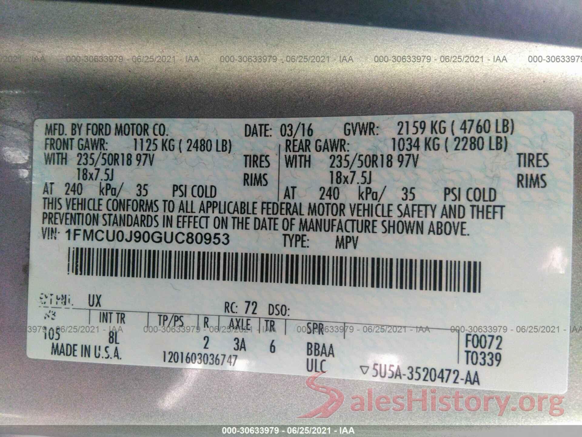 1FMCU0J90GUC80953 2016 FORD ESCAPE