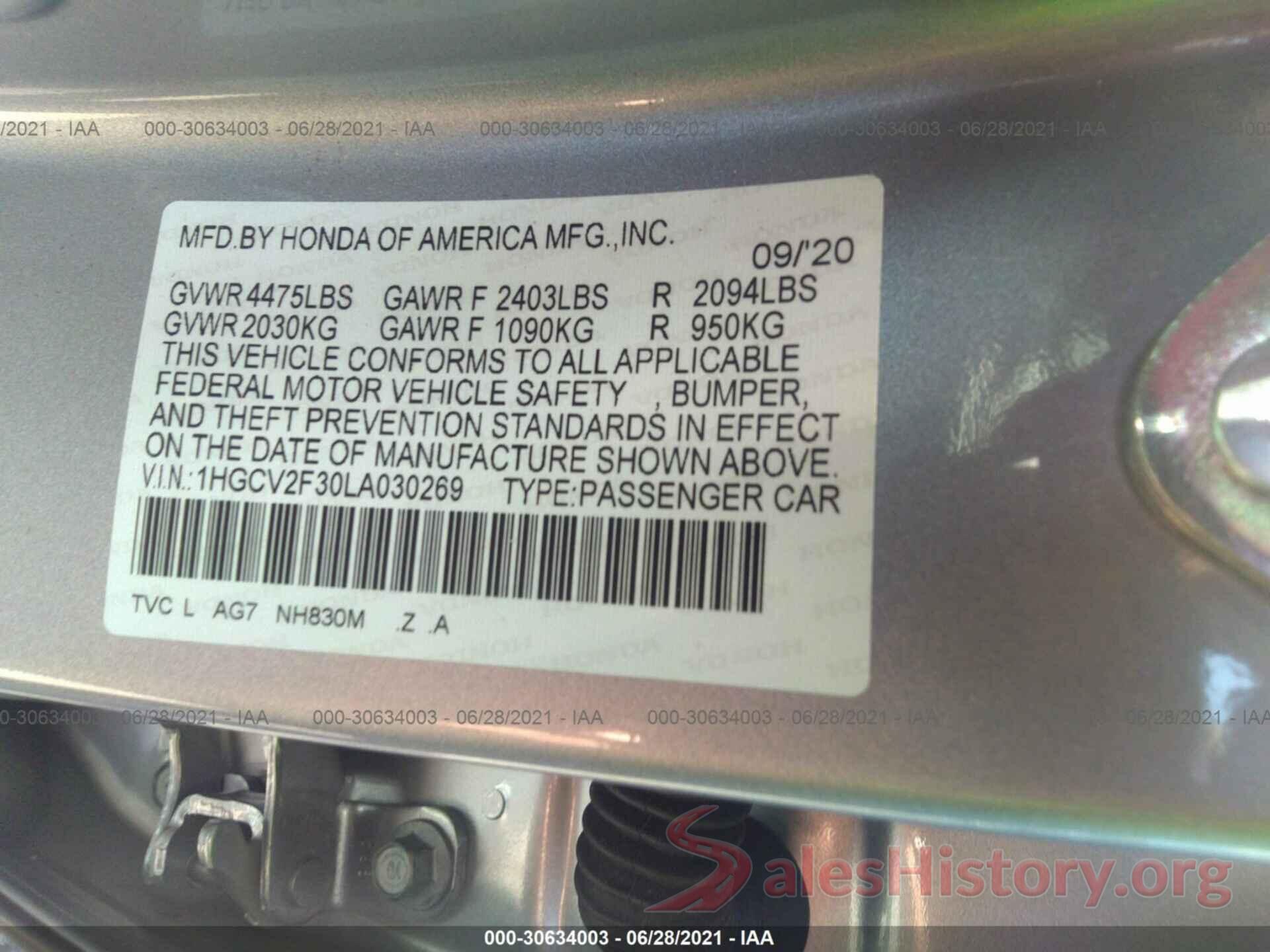 1HGCV2F30LA030269 2020 HONDA ACCORD SEDAN