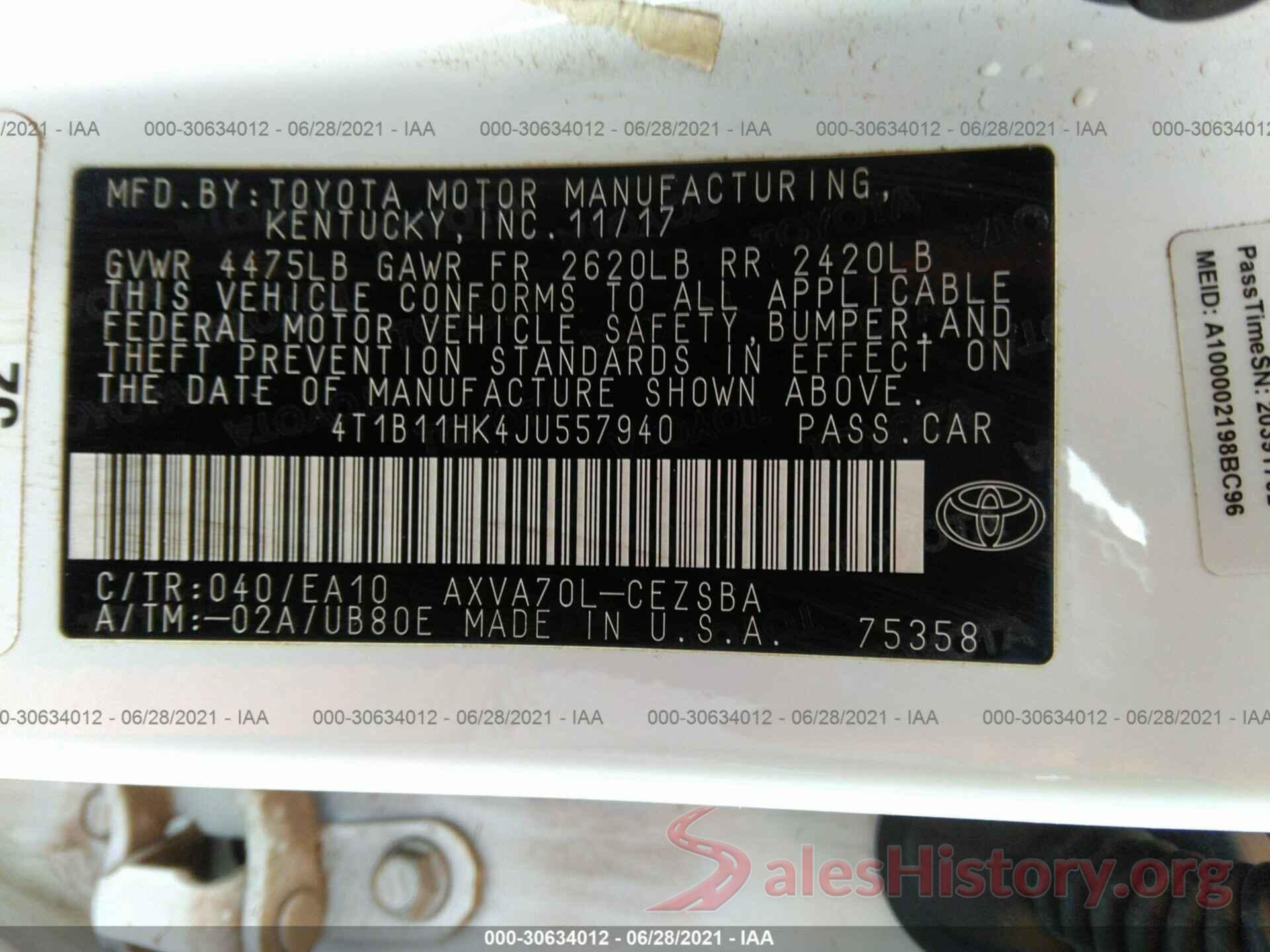 4T1B11HK4JU557940 2018 TOYOTA CAMRY