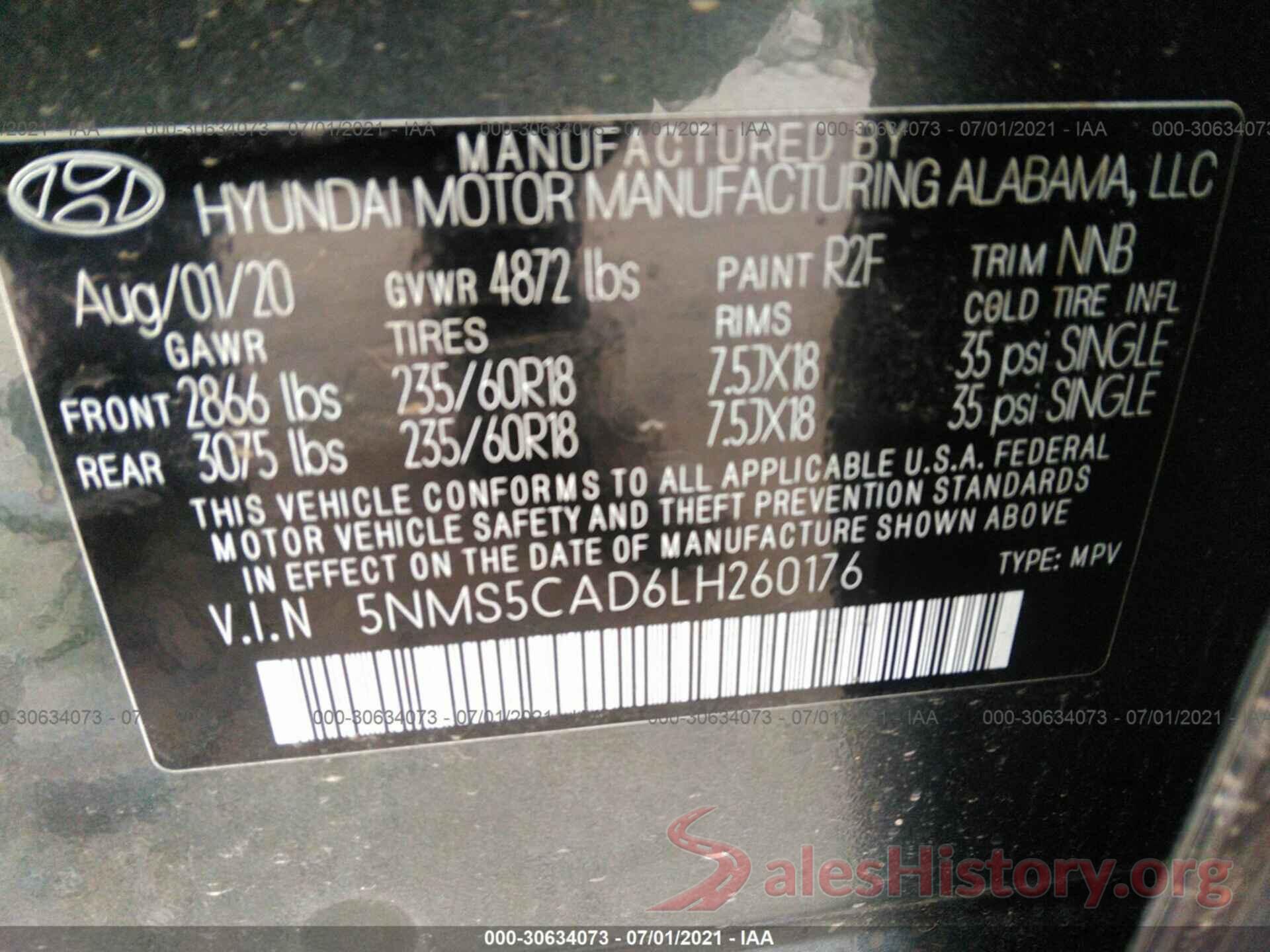 5NMS5CAD6LH260176 2020 HYUNDAI SANTA FE