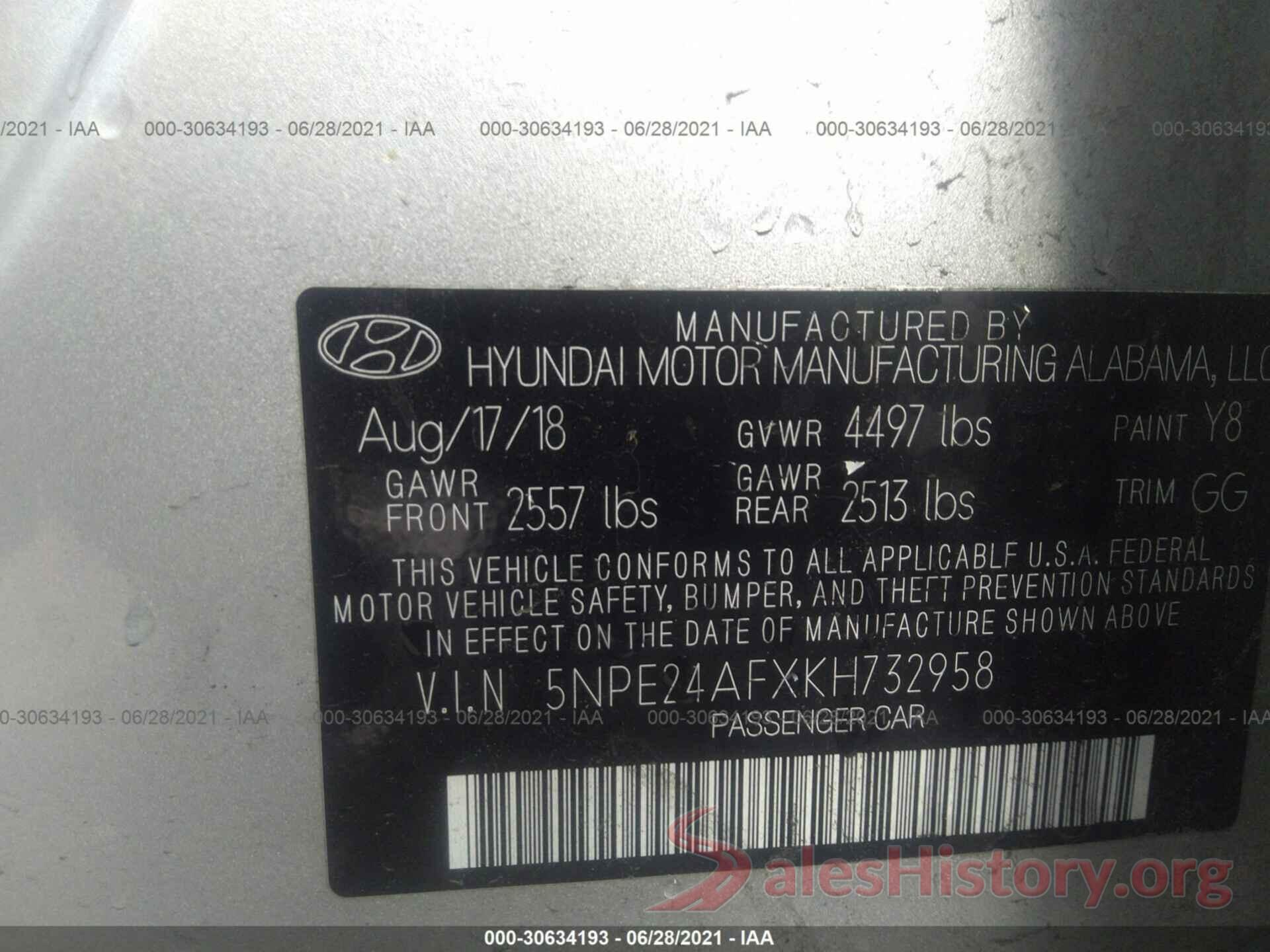 5NPE24AFXKH732958 2019 HYUNDAI SONATA