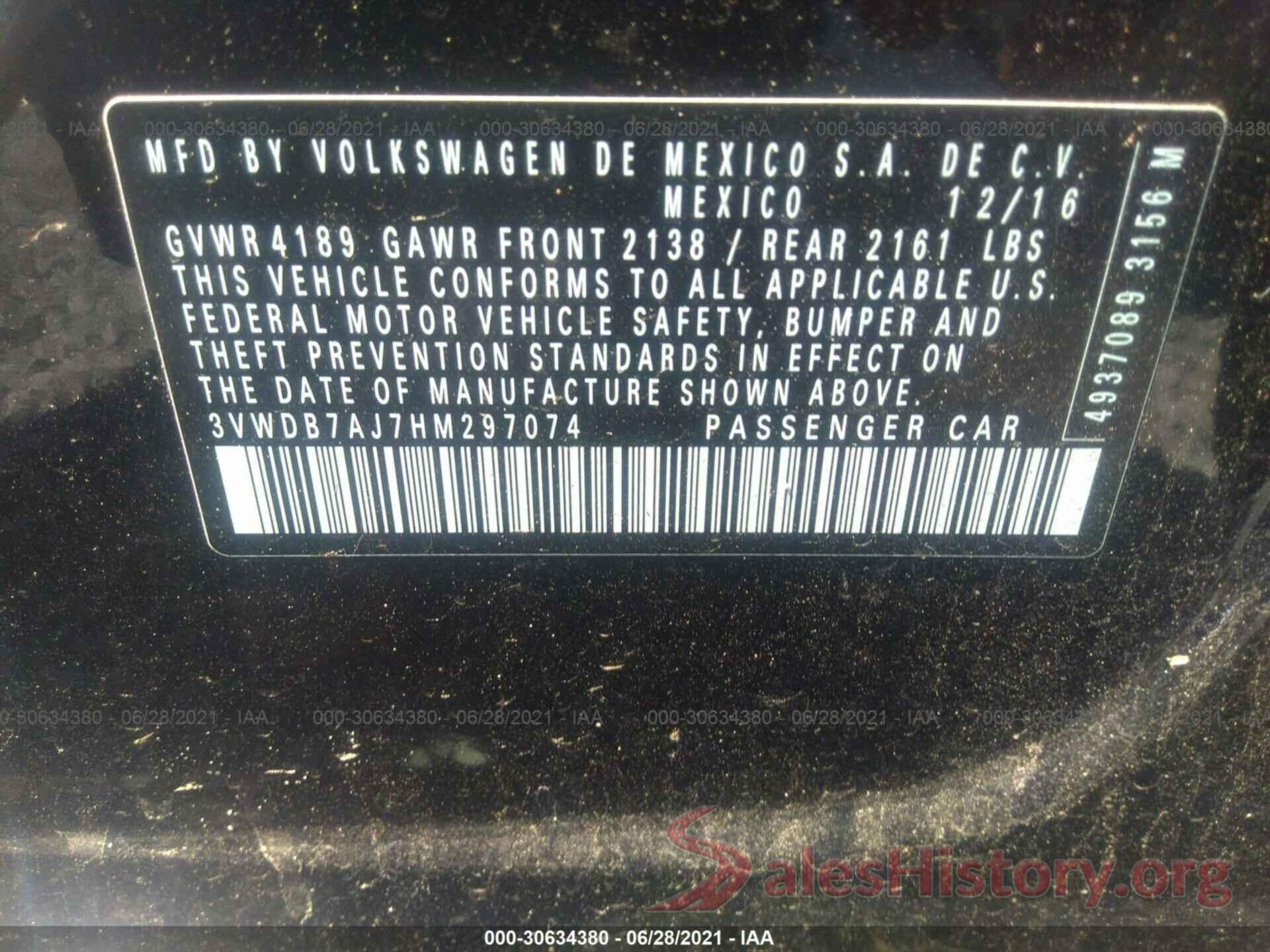 3VWDB7AJ7HM297074 2017 VOLKSWAGEN JETTA