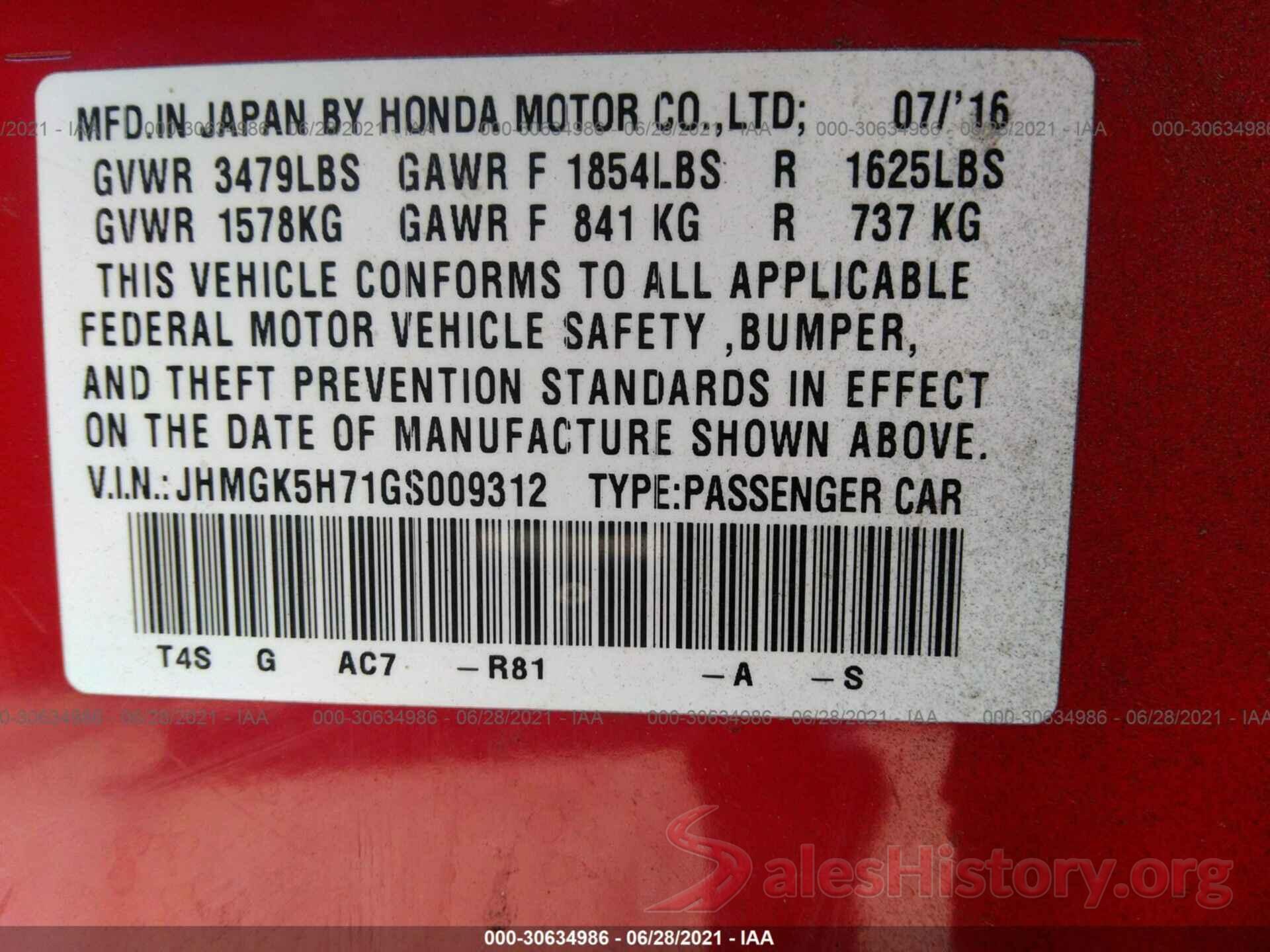 JHMGK5H71GS009312 2016 HONDA FIT